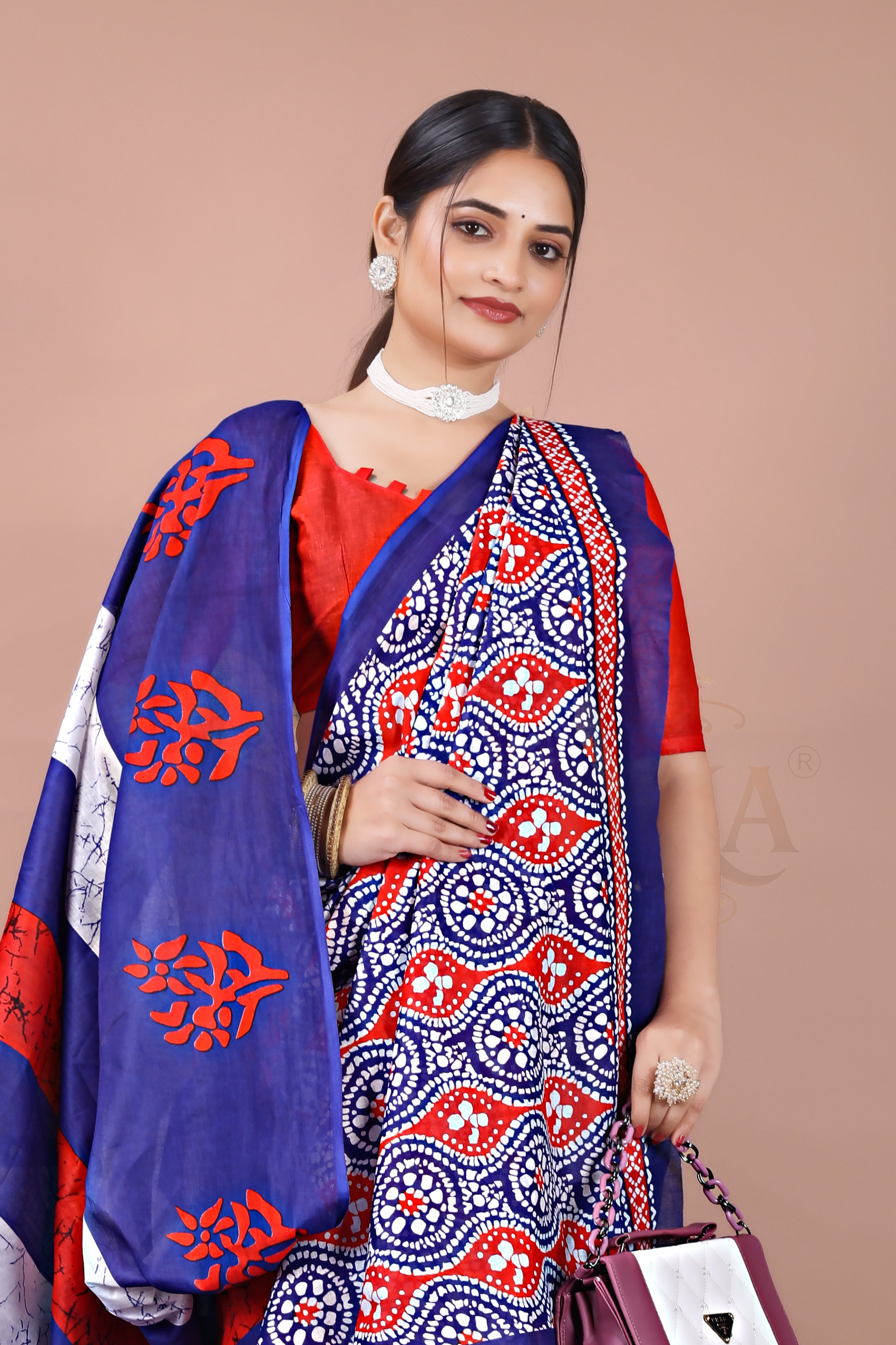 Blue Red Batik Printed Cotton Saree