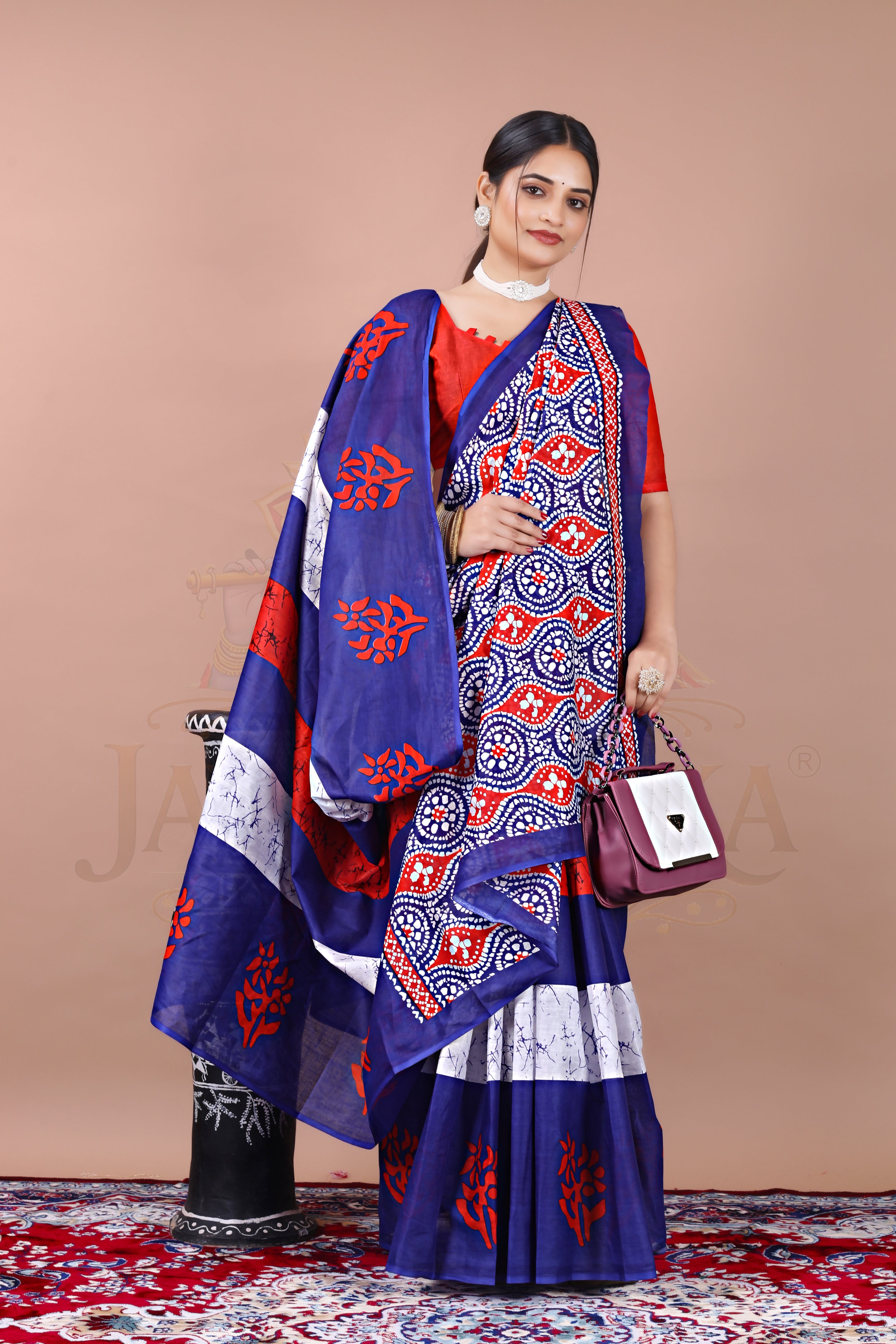 Blue Red Batik Printed Cotton Saree
