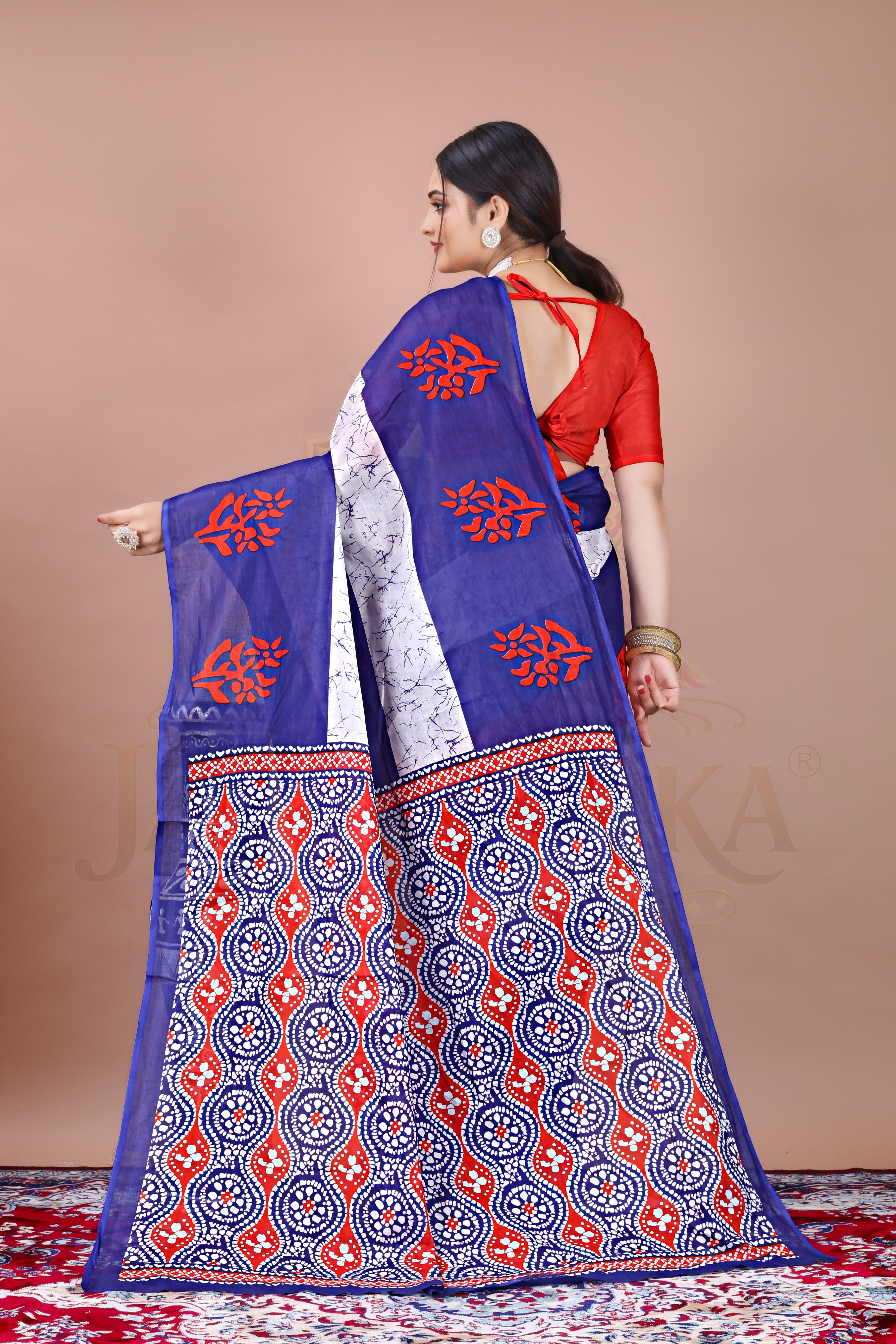 Blue Red Batik Printed Cotton Saree