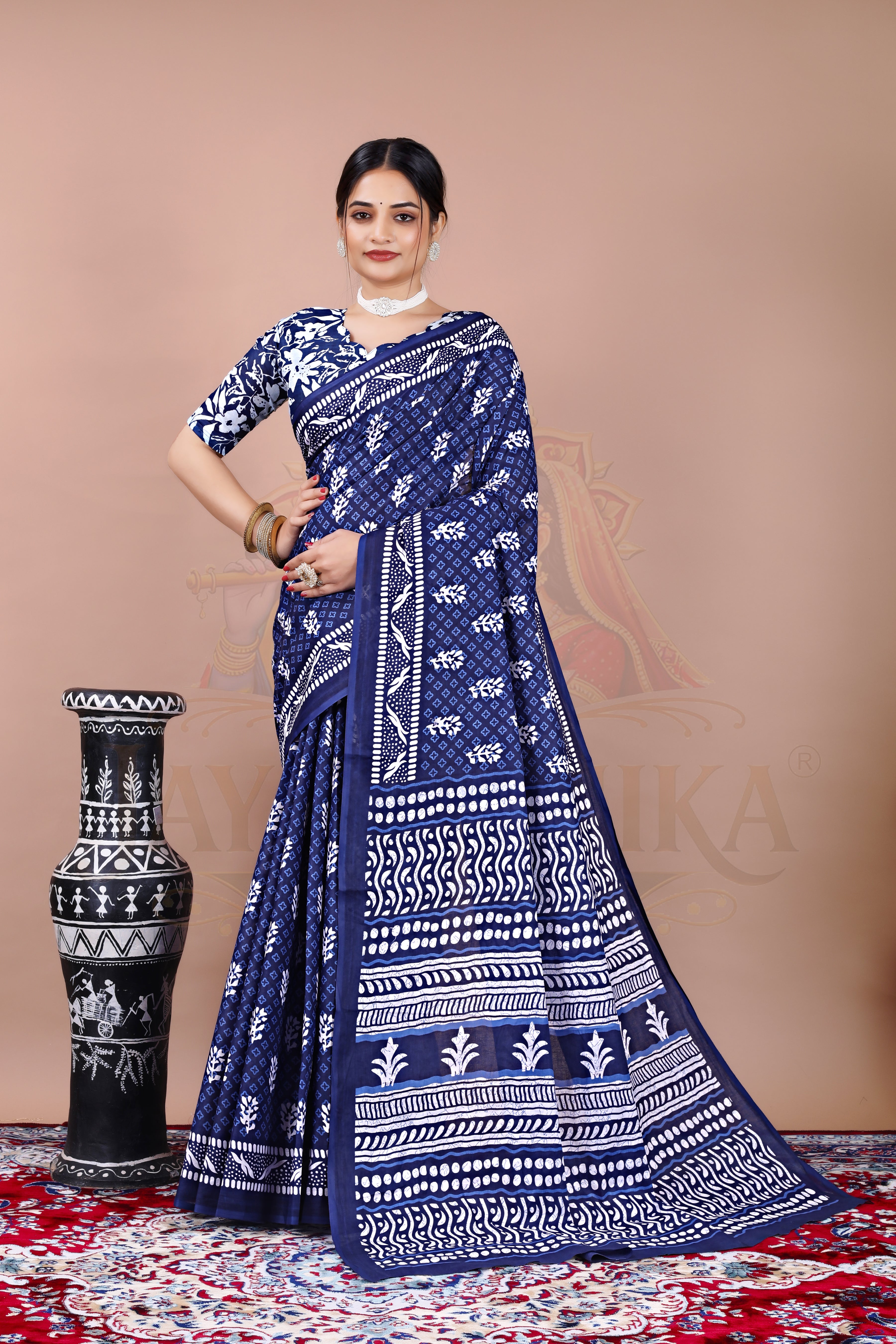 Star Blue Block Printed Cotton Saree