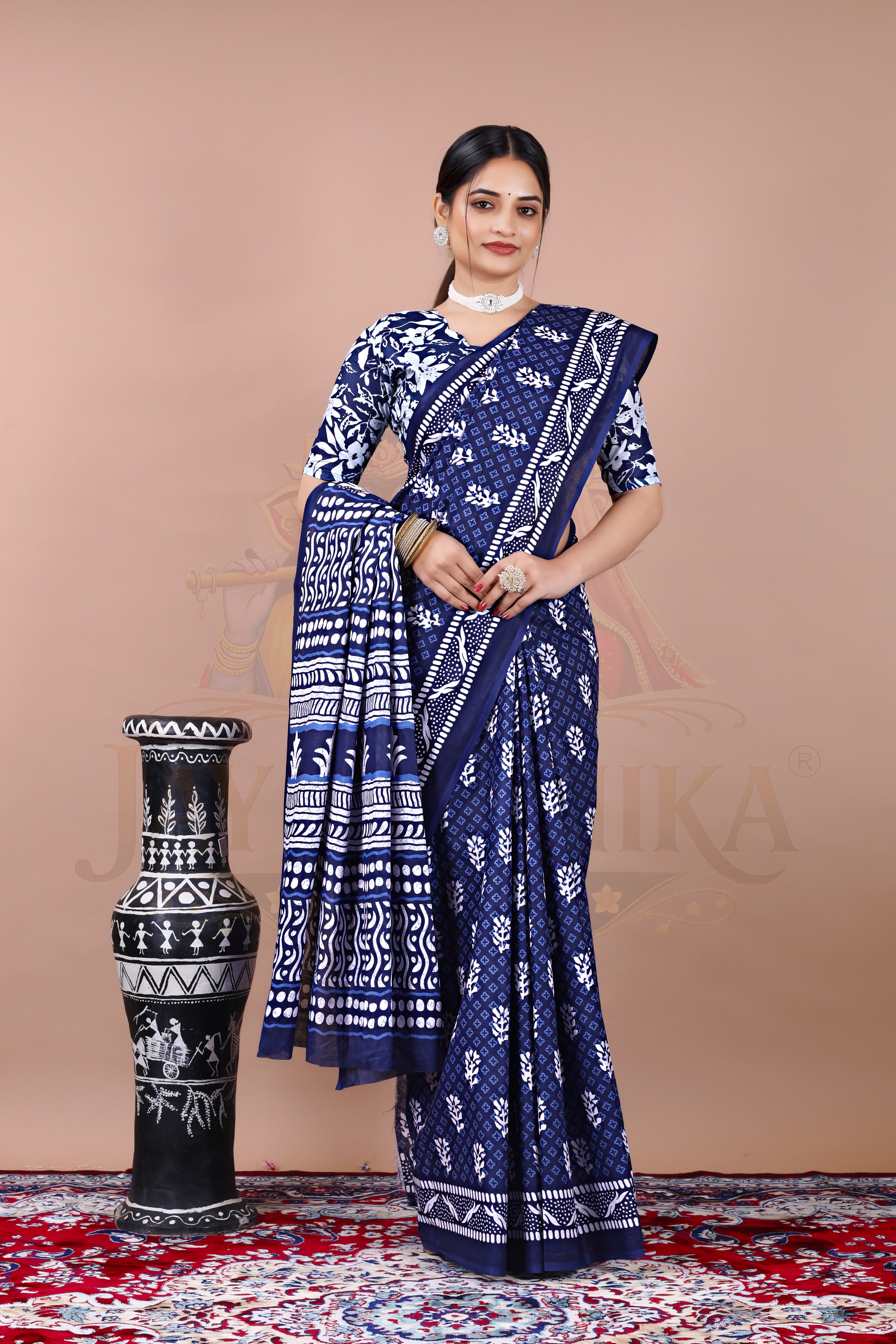 Star Blue Block Printed Cotton Saree