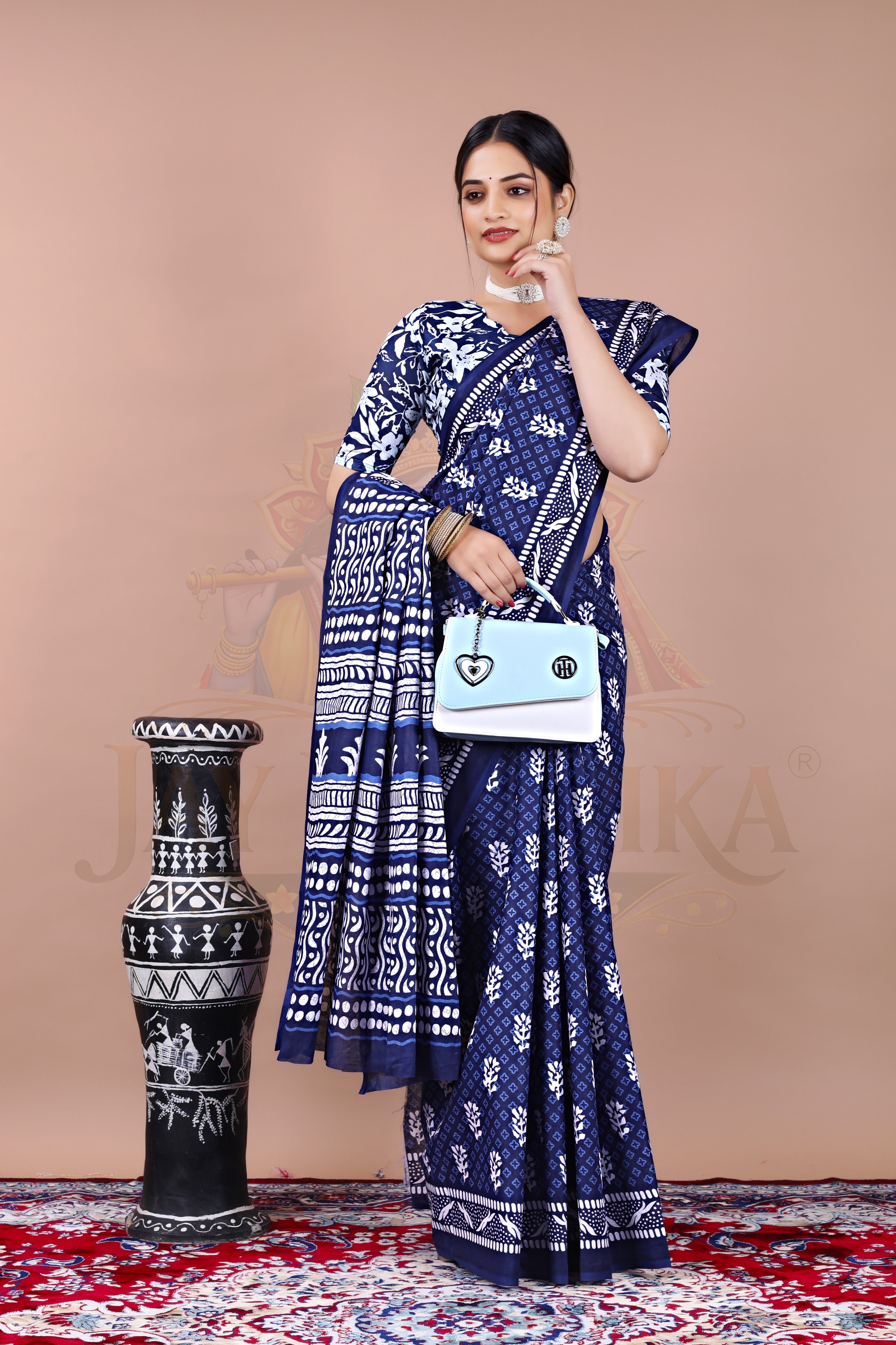 Star Blue Block Printed Cotton Saree