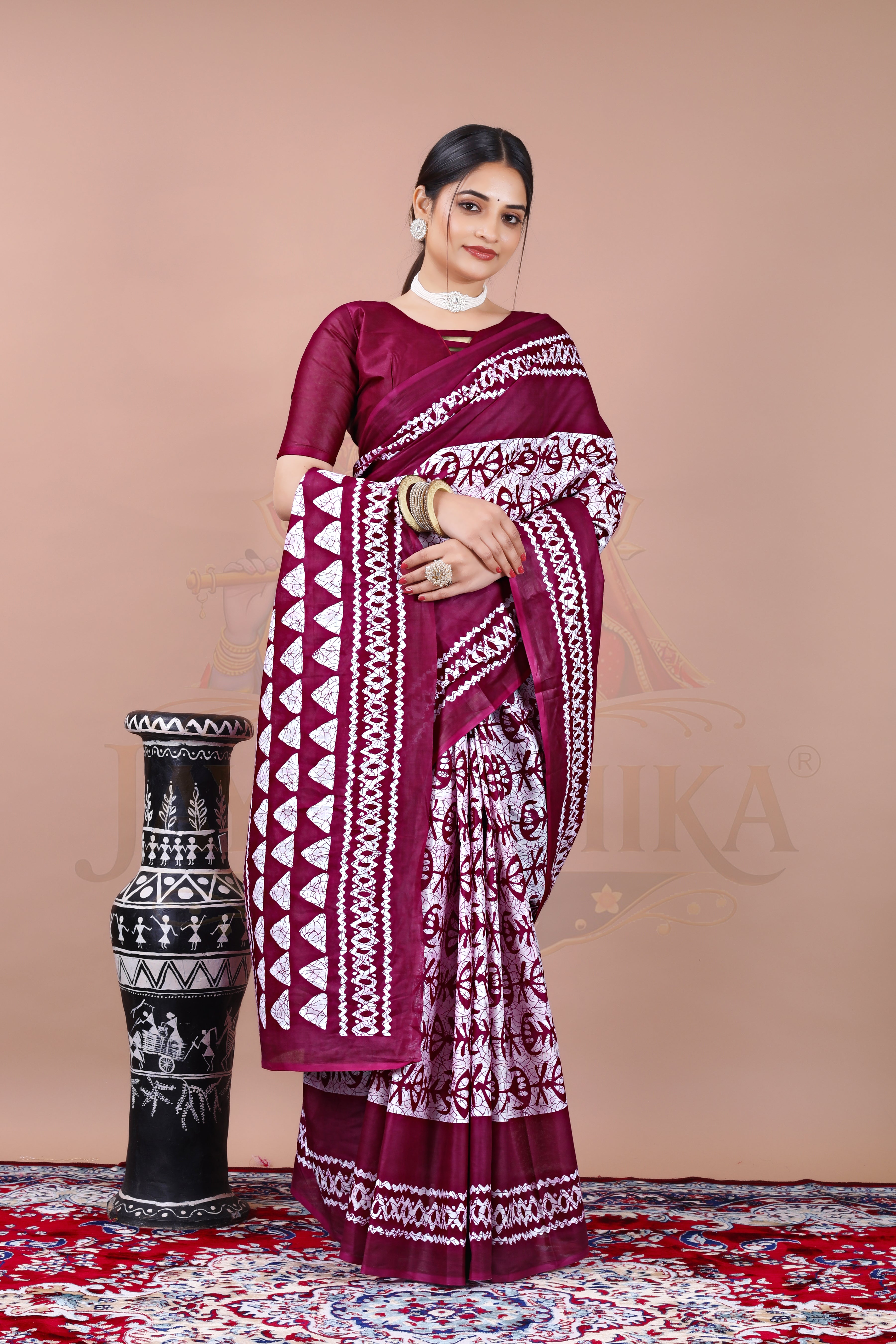 Purple Batik Printed Cotton Saree