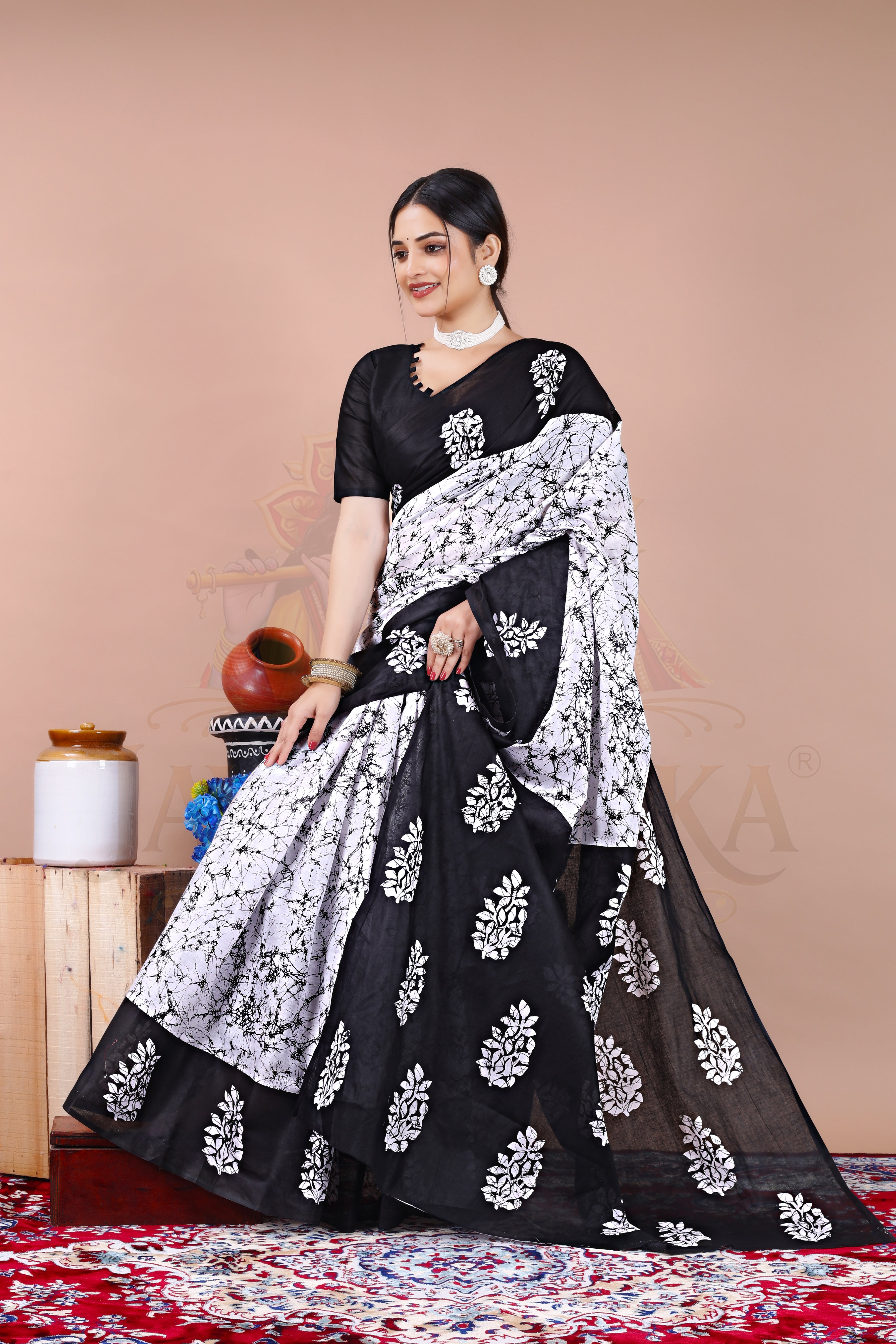 Black White Batik Printed Cotton Saree