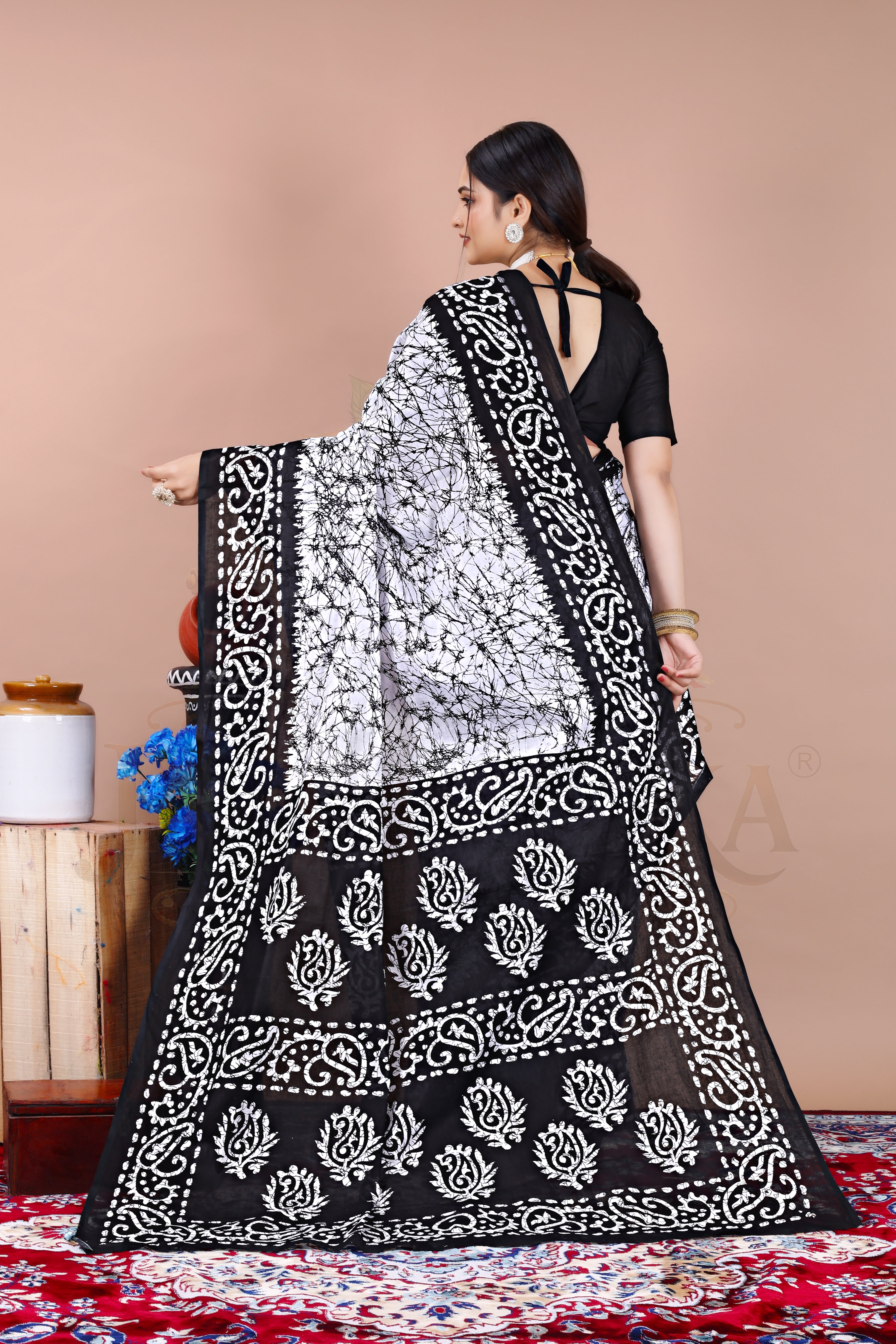 Black Batik Cotton Printed Saree Jay Radhika Textile