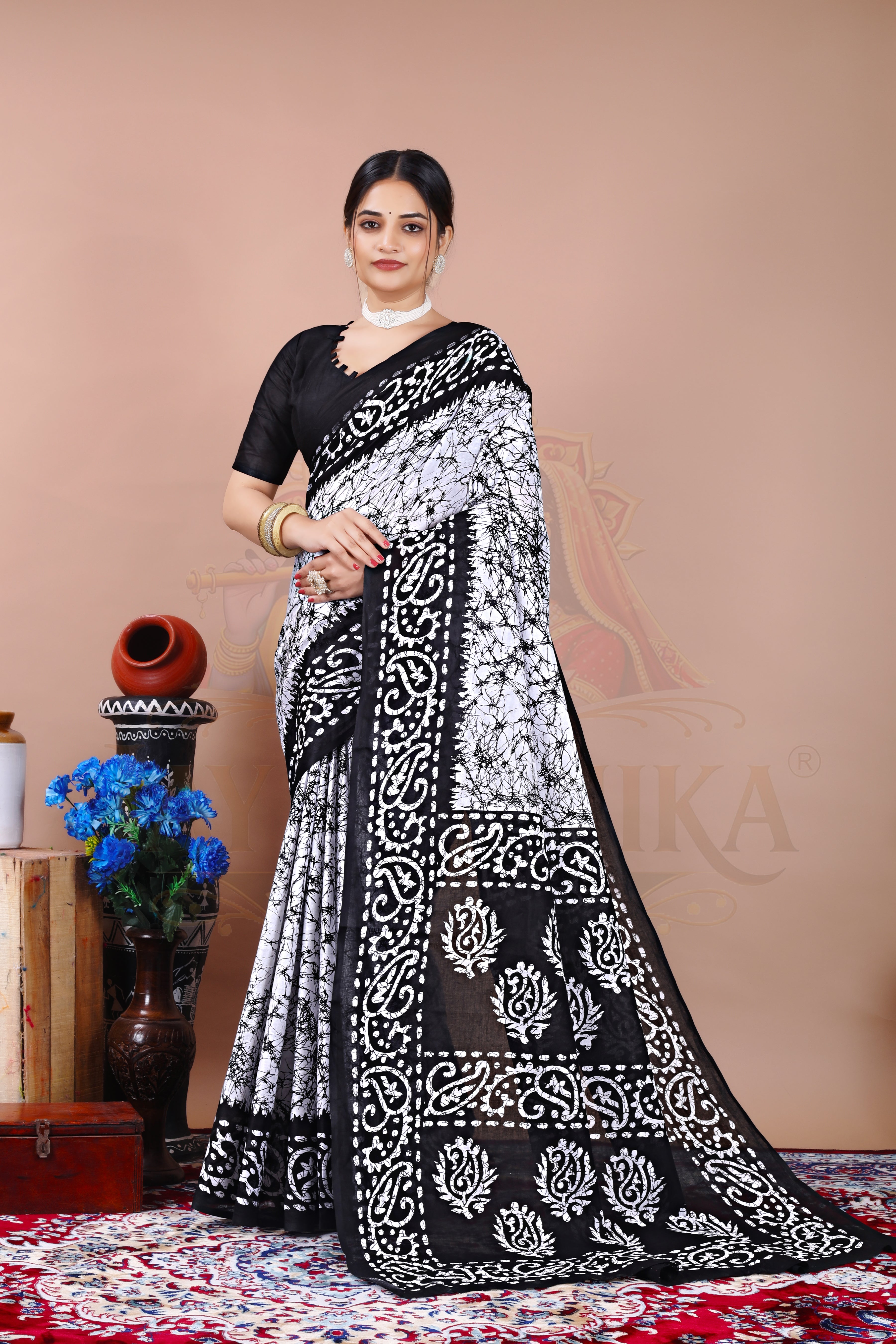 Black Batik Cotton Printed Saree Jay Radhika Textile