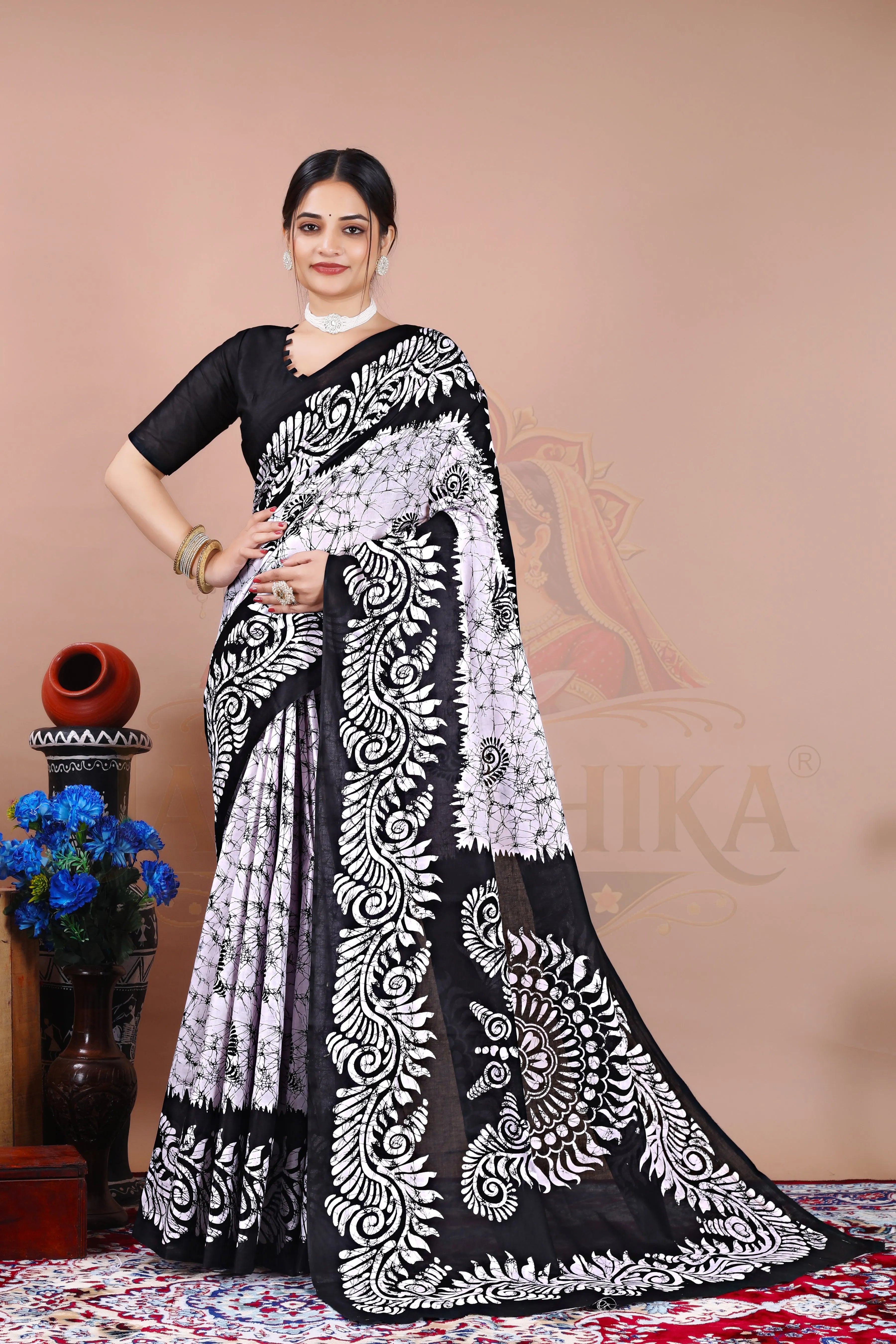 Black Cotton Batik Printed Saree Jay Radhika Textile