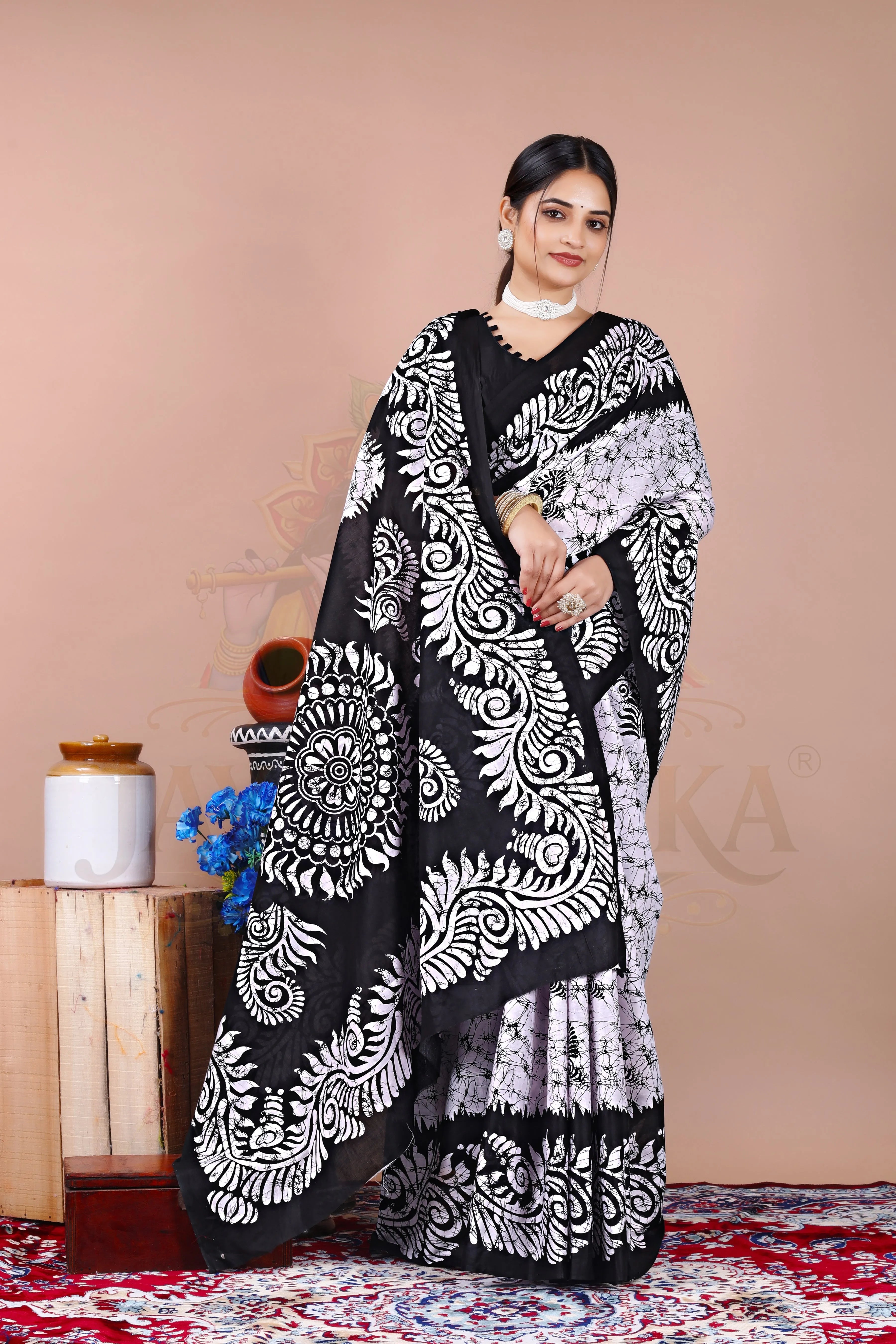 Black Cotton Batik Printed Saree Jay Radhika Textile