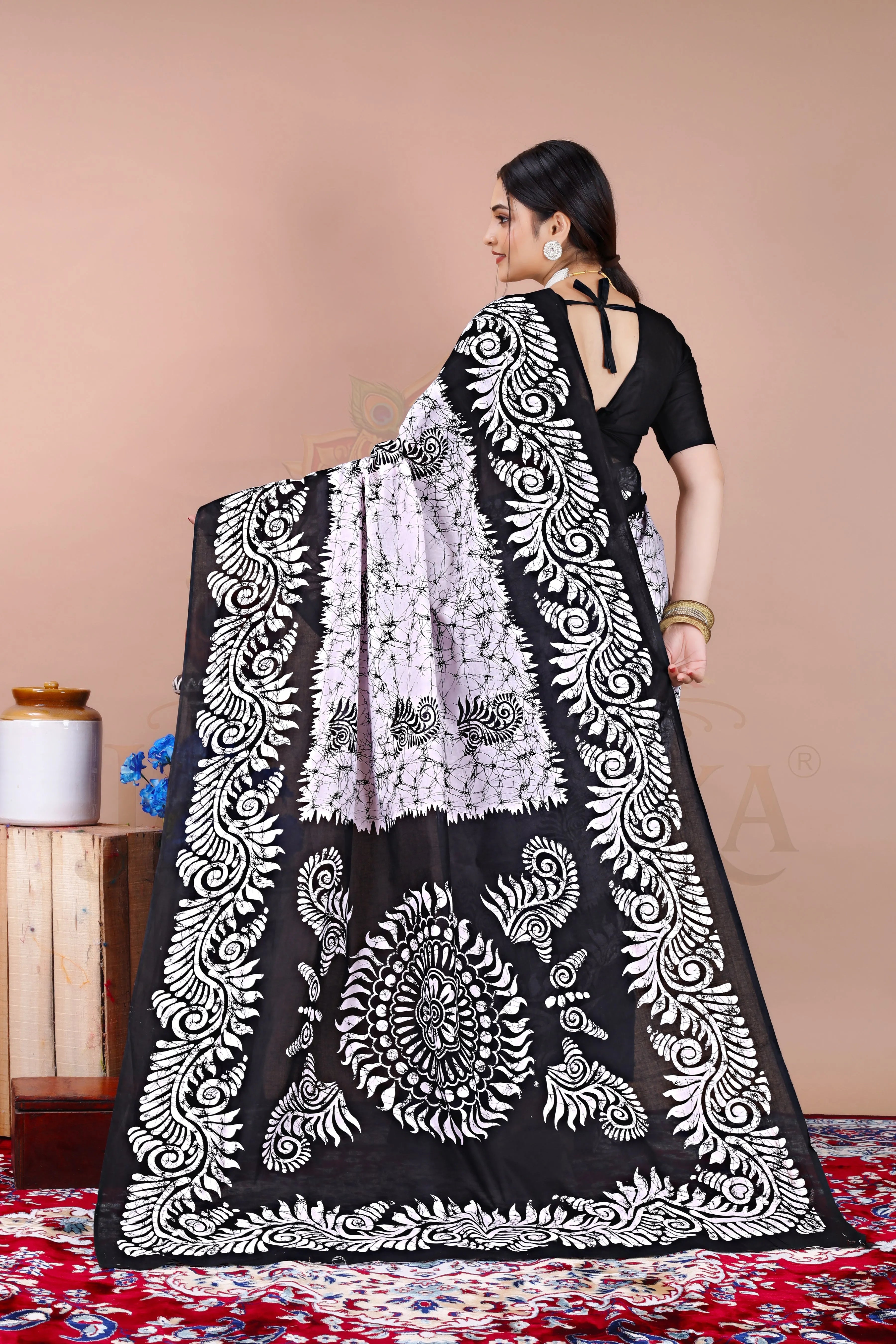 Black Cotton Batik Printed Saree Jay Radhika Textile
