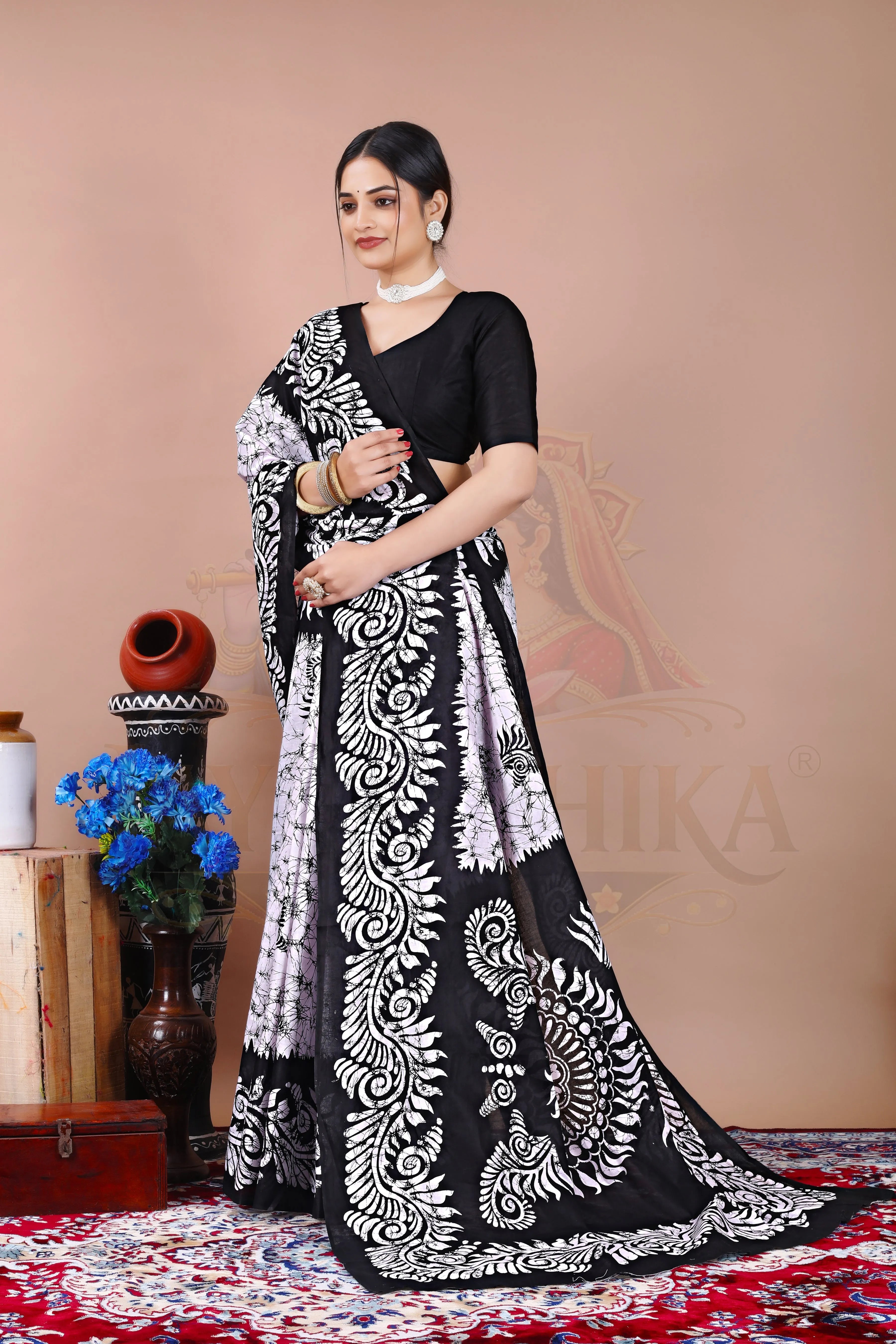 Black Cotton Batik Printed Saree Jay Radhika Textile