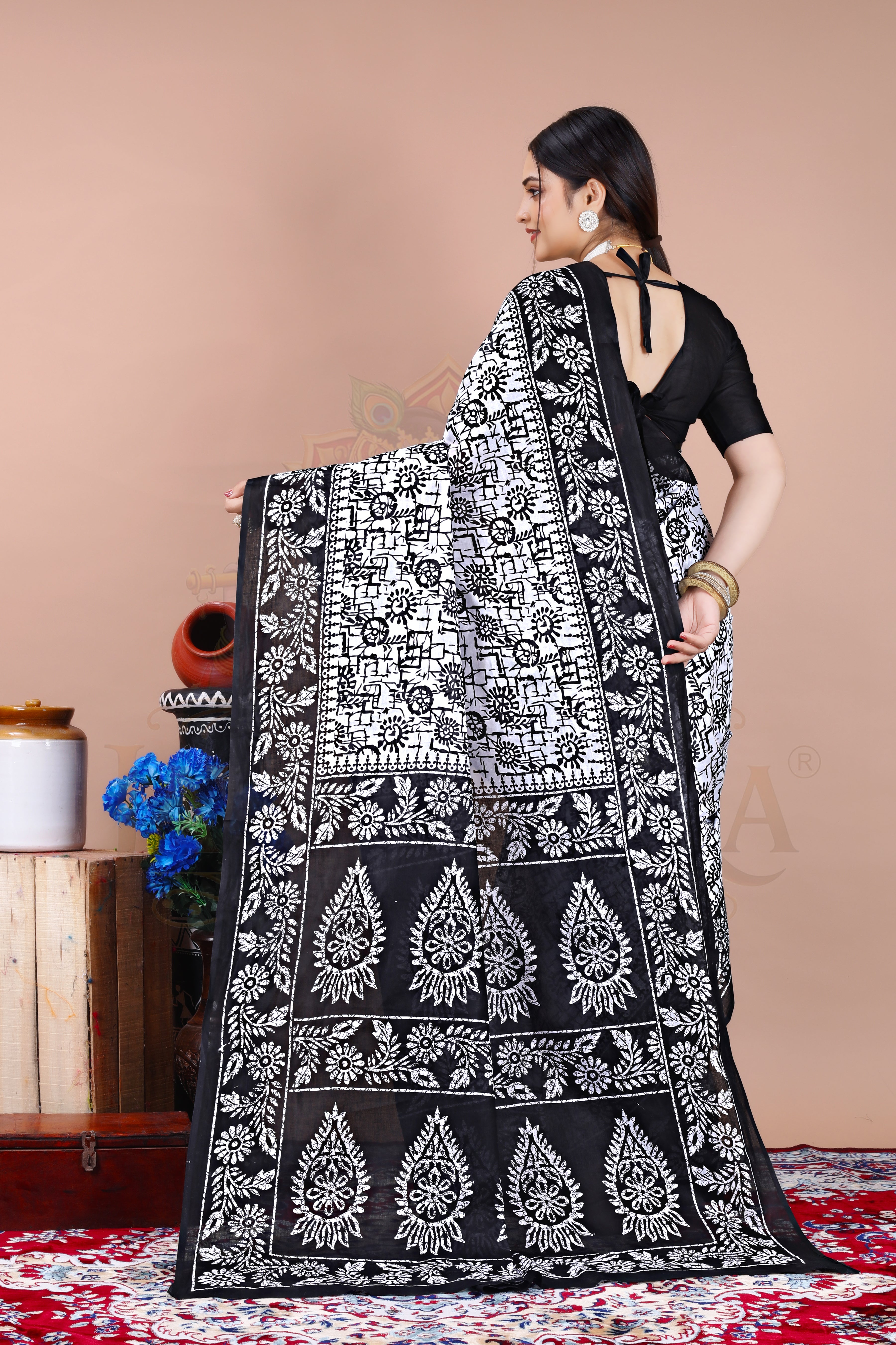 Black Floral Cotton Printed Saree Jay Radhika Textile
