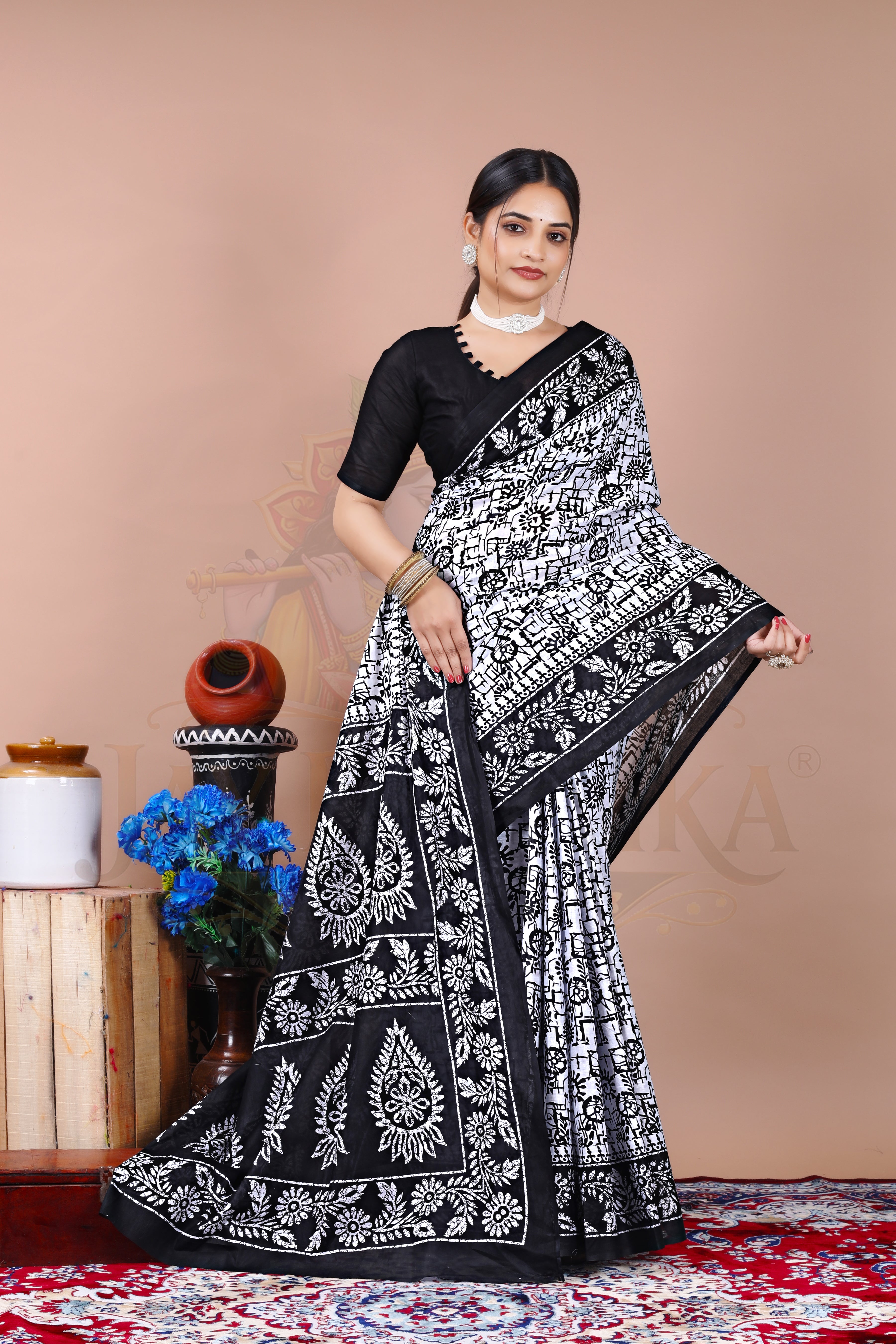 Black Floral Cotton Printed Saree Jay Radhika Textile