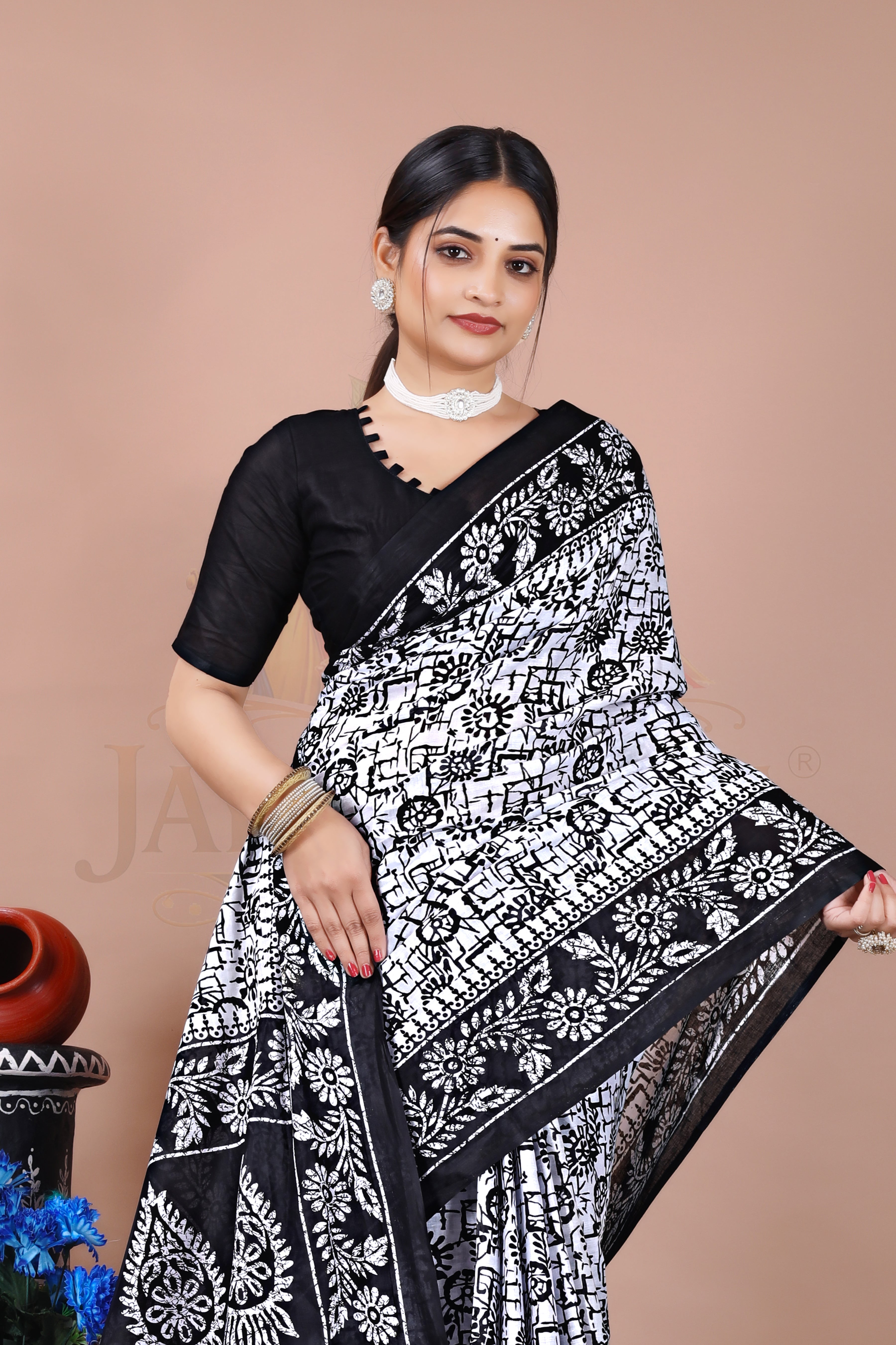 Black Floral Cotton Printed Saree Jay Radhika Textile