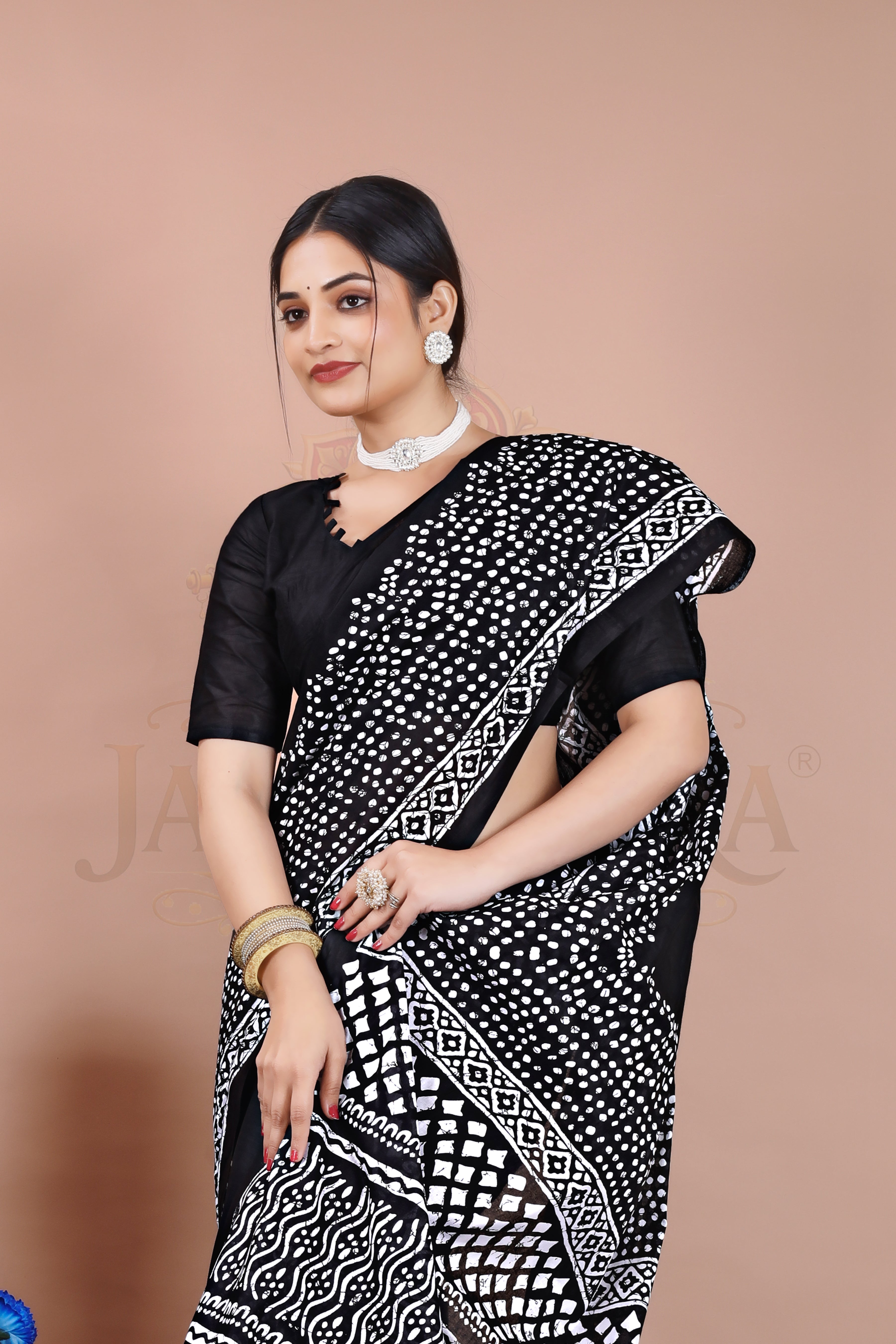 Black Polka Dot Cotton Printed Saree Jay Radhika Textile