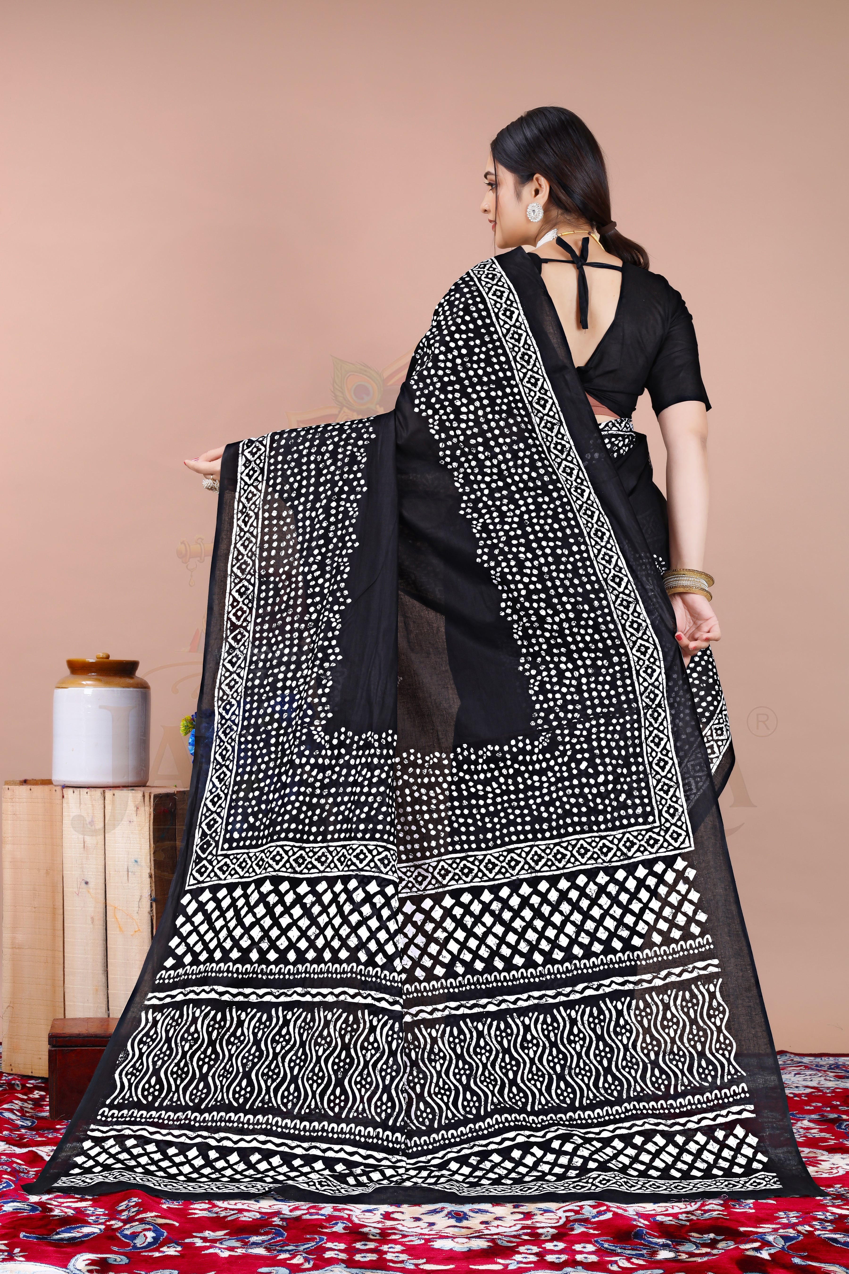 Black Polka Dot Cotton Printed Saree Jay Radhika Textile