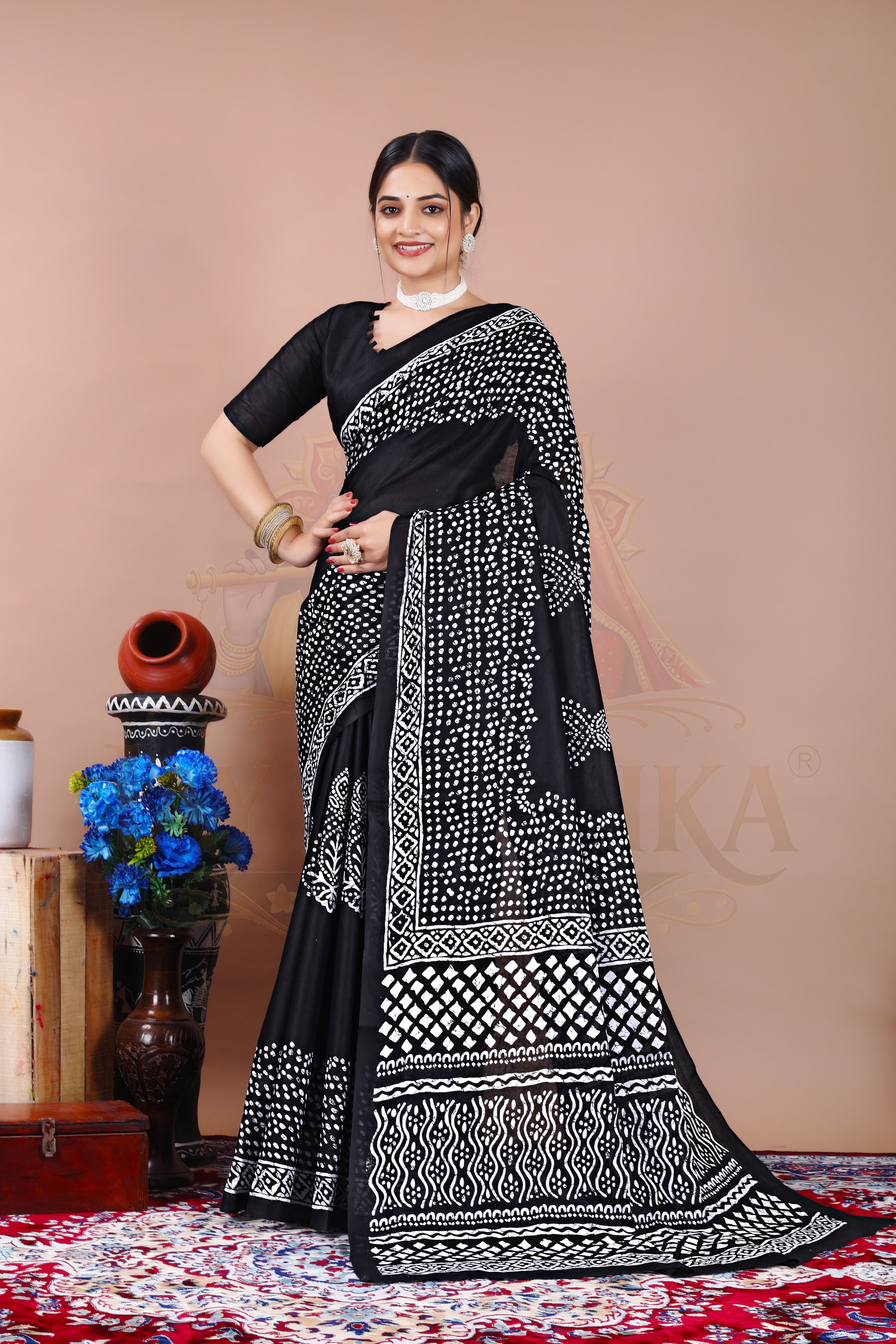 Black Polka Dot Cotton Printed Saree Jay Radhika Textile
