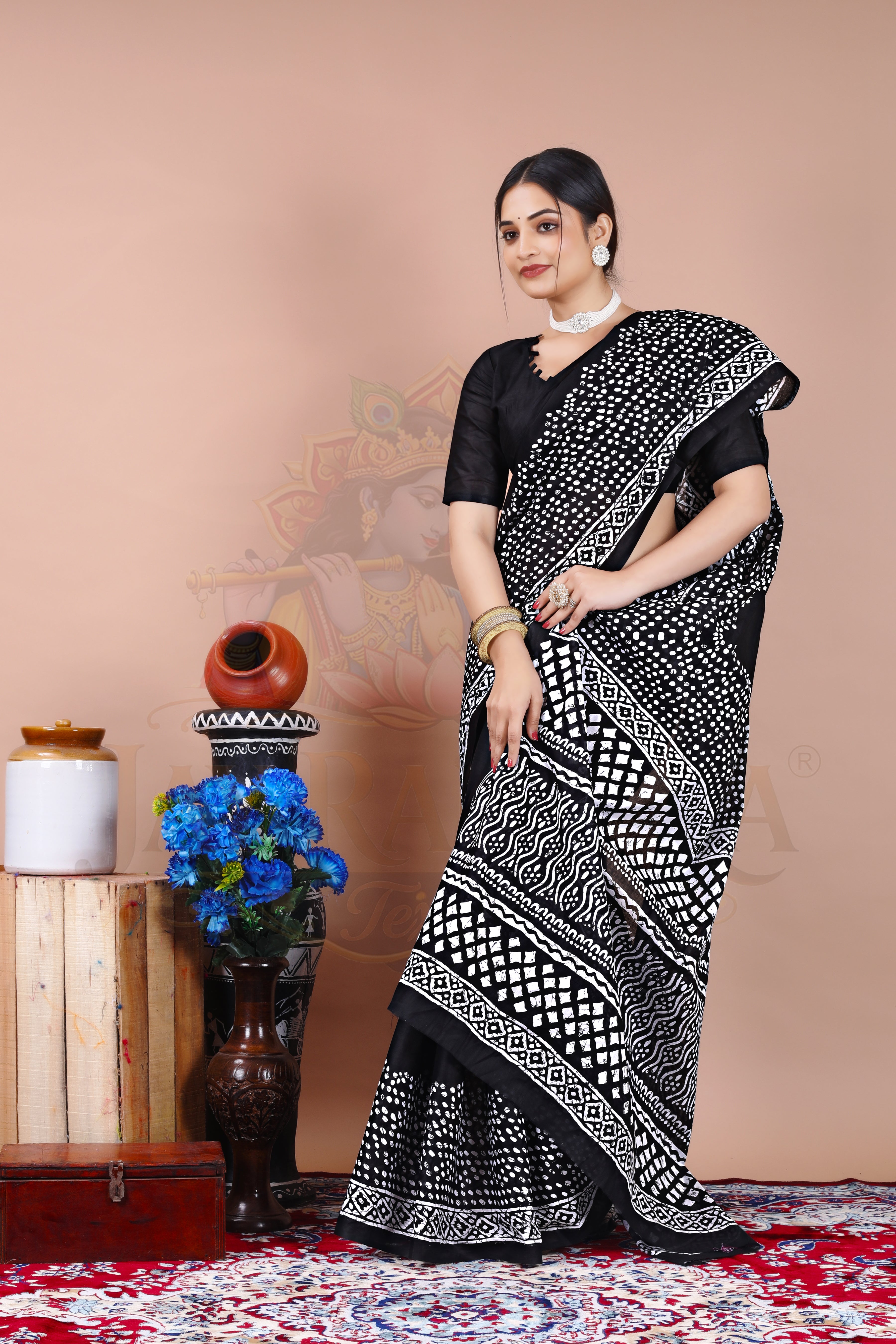 Black Polka Dot Cotton Printed Saree Jay Radhika Textile