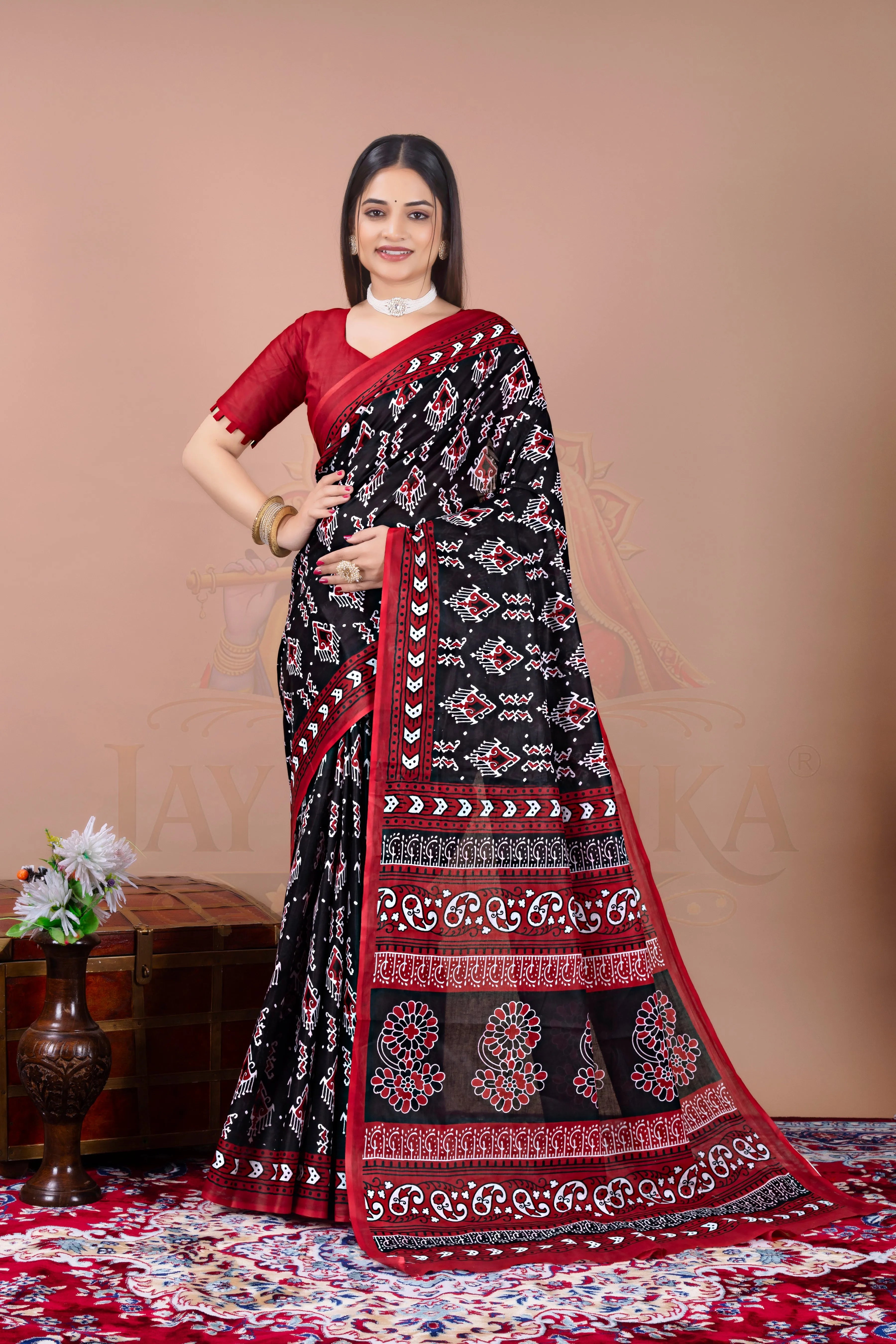 Black Red Cotton Printed Saree Jay Radhika Textile