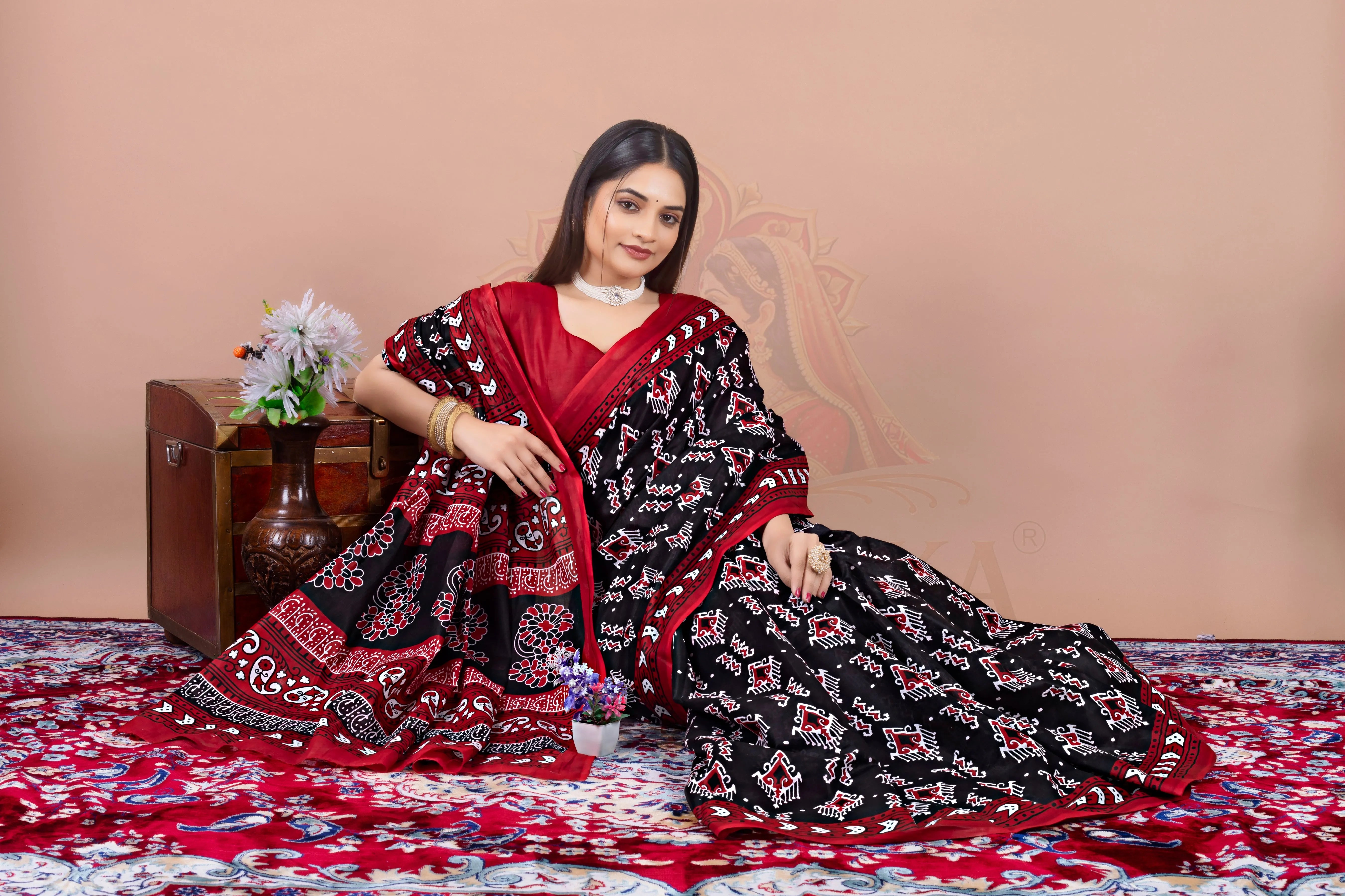 Black Red Cotton Printed Saree Jay Radhika Textile