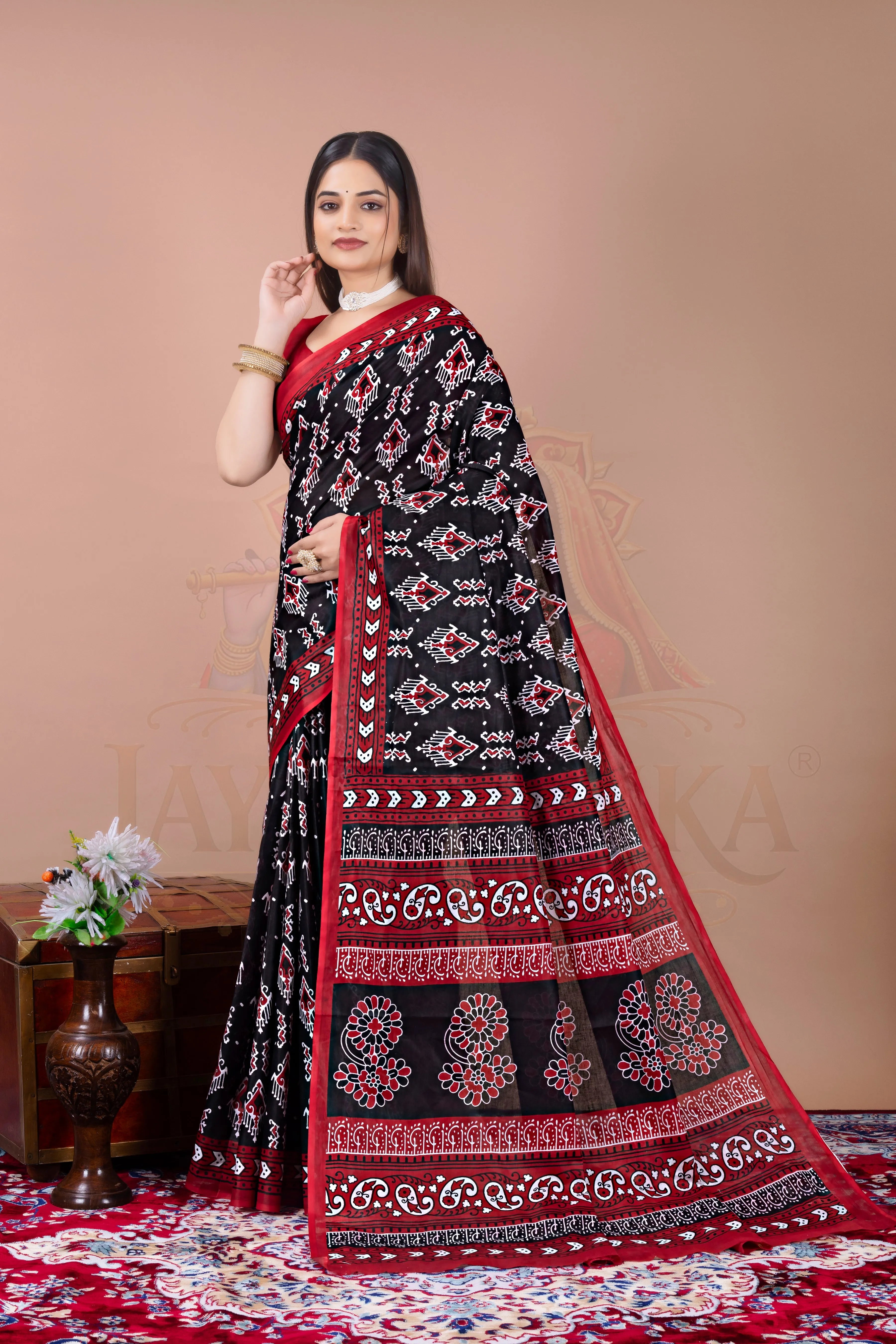 Black Red Cotton Printed Saree Jay Radhika Textile