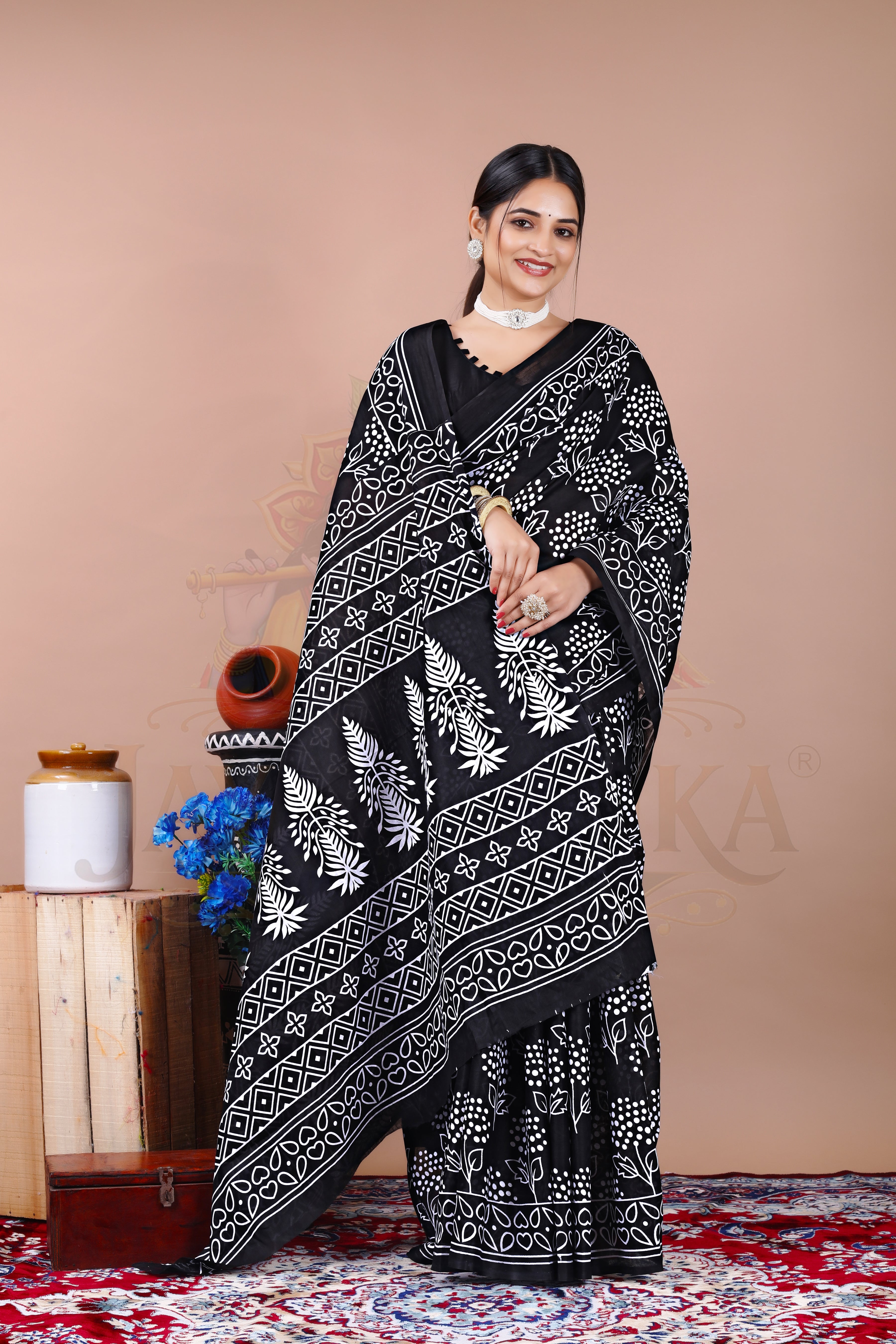 Black White Cotton Printed Saree Jay Radhika Textile