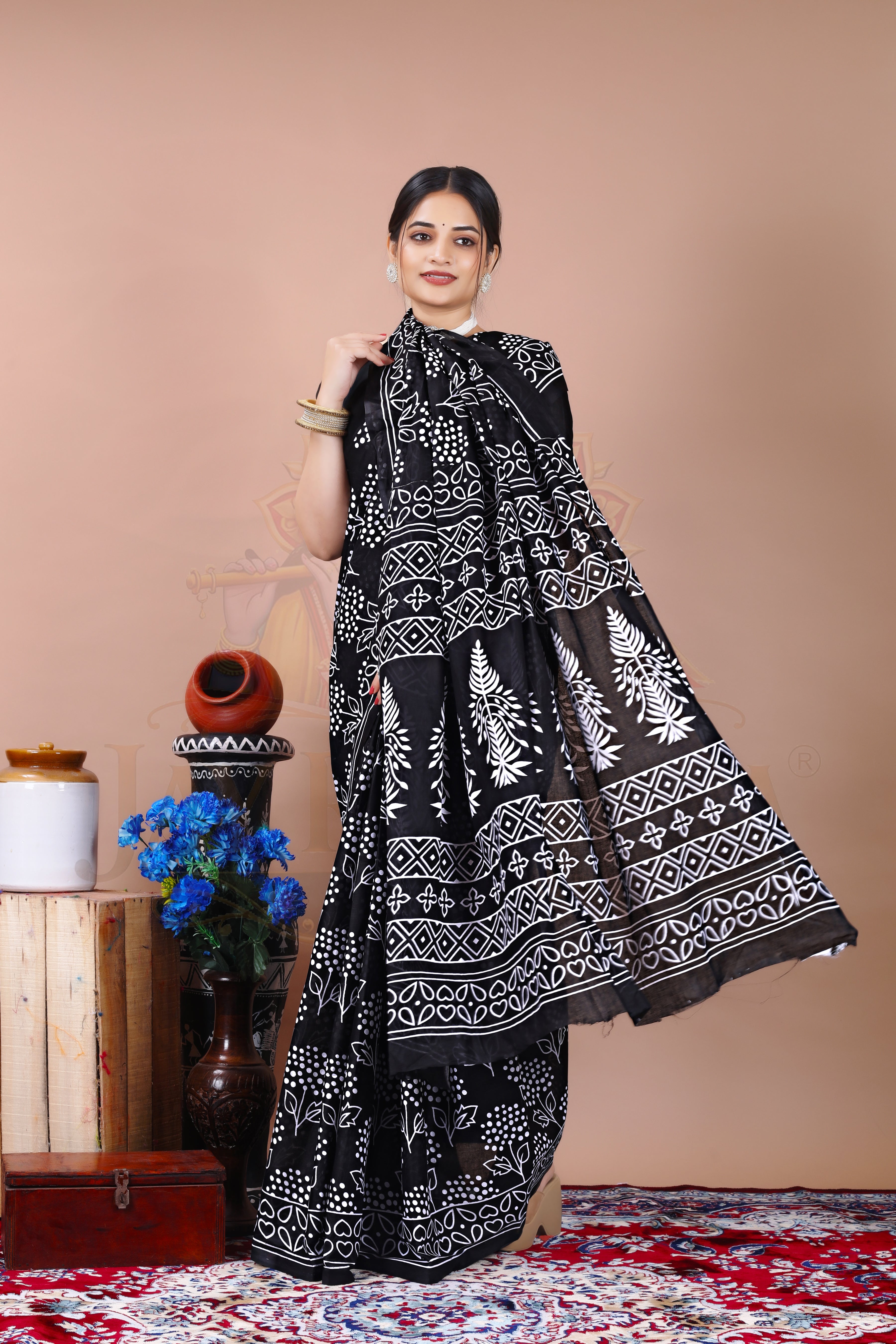 Black White Cotton Printed Saree Jay Radhika Textile