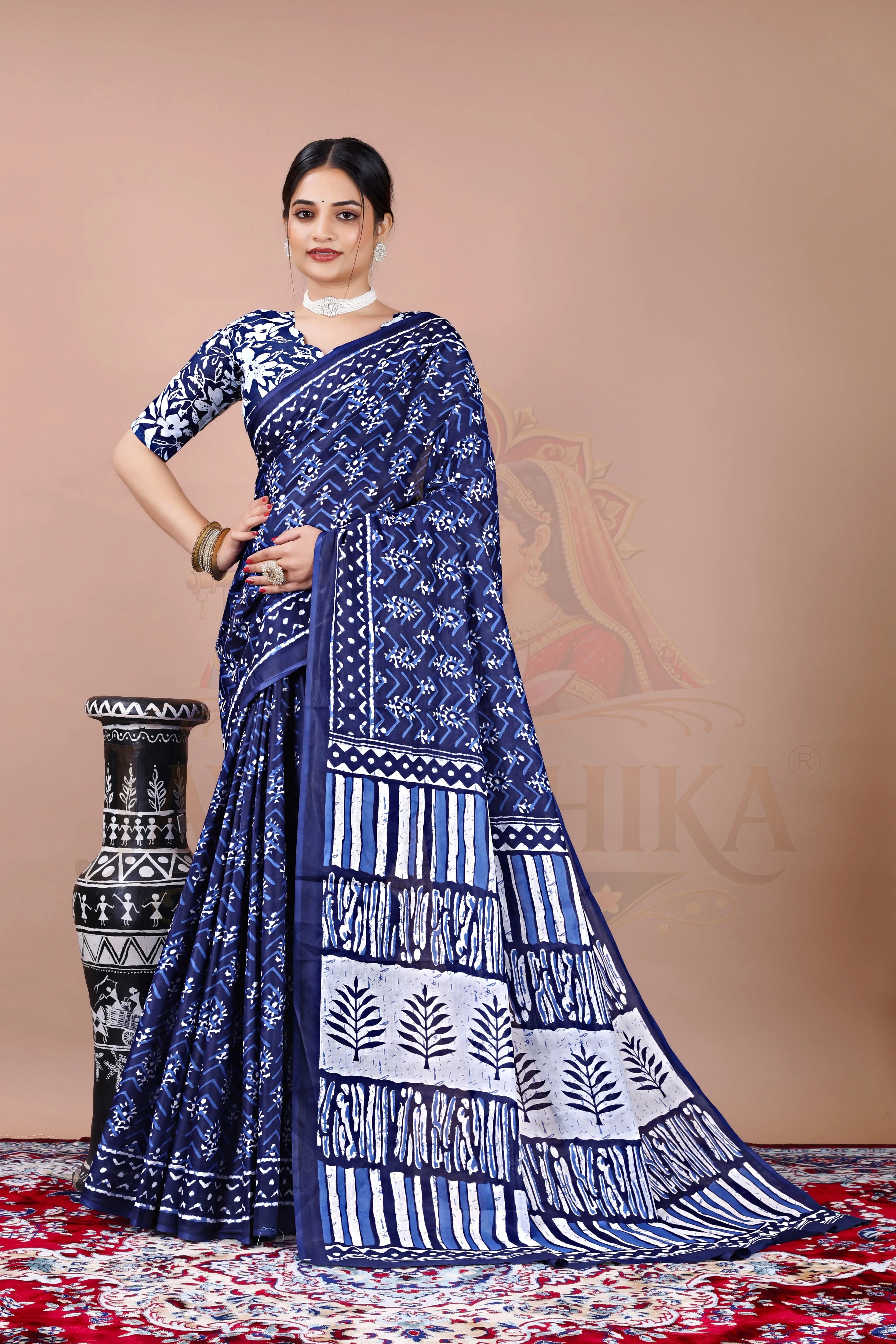 Blue Cotton Printed Saree Jay Radhika Textile