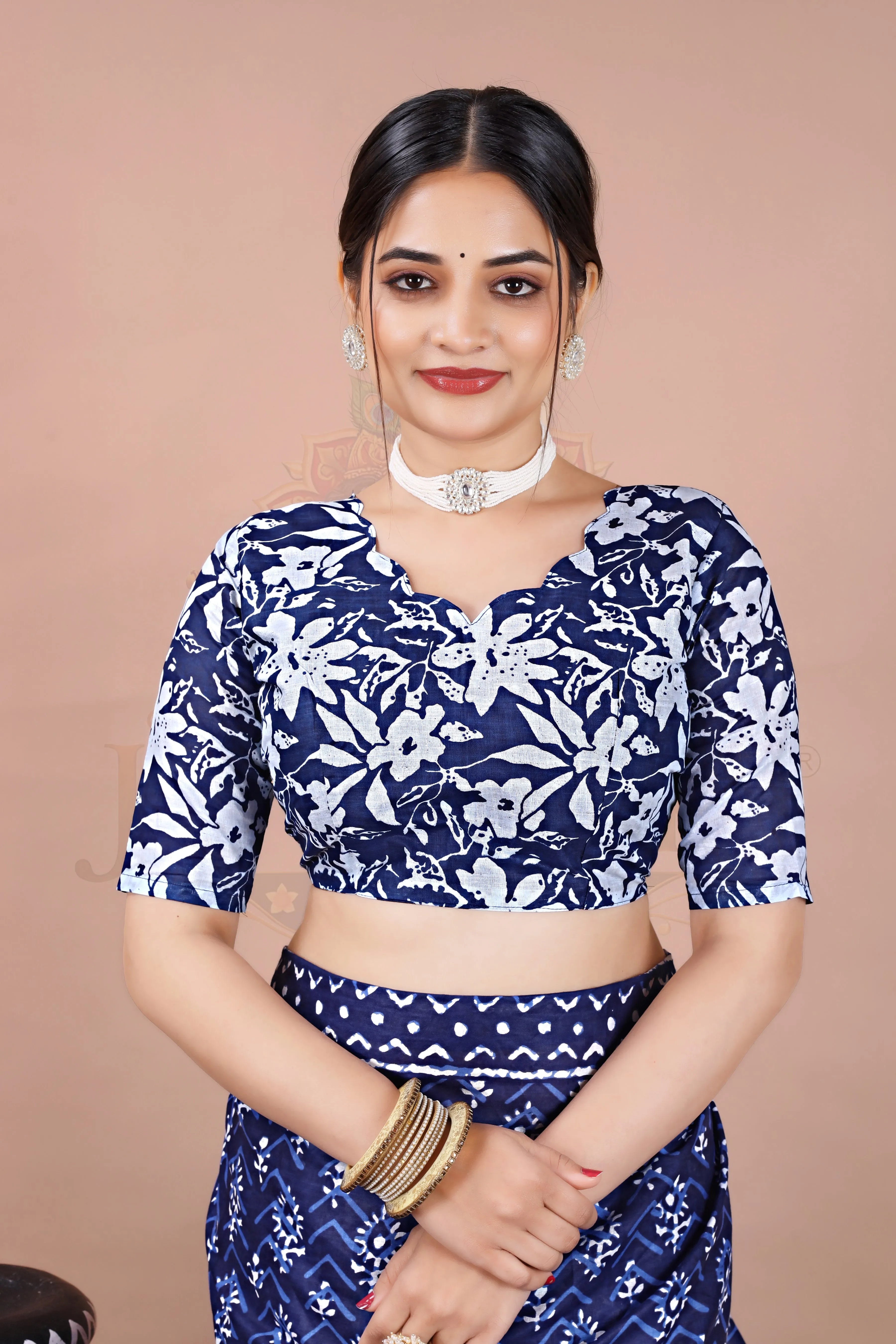 Blue Cotton Printed Saree Jay Radhika Textile