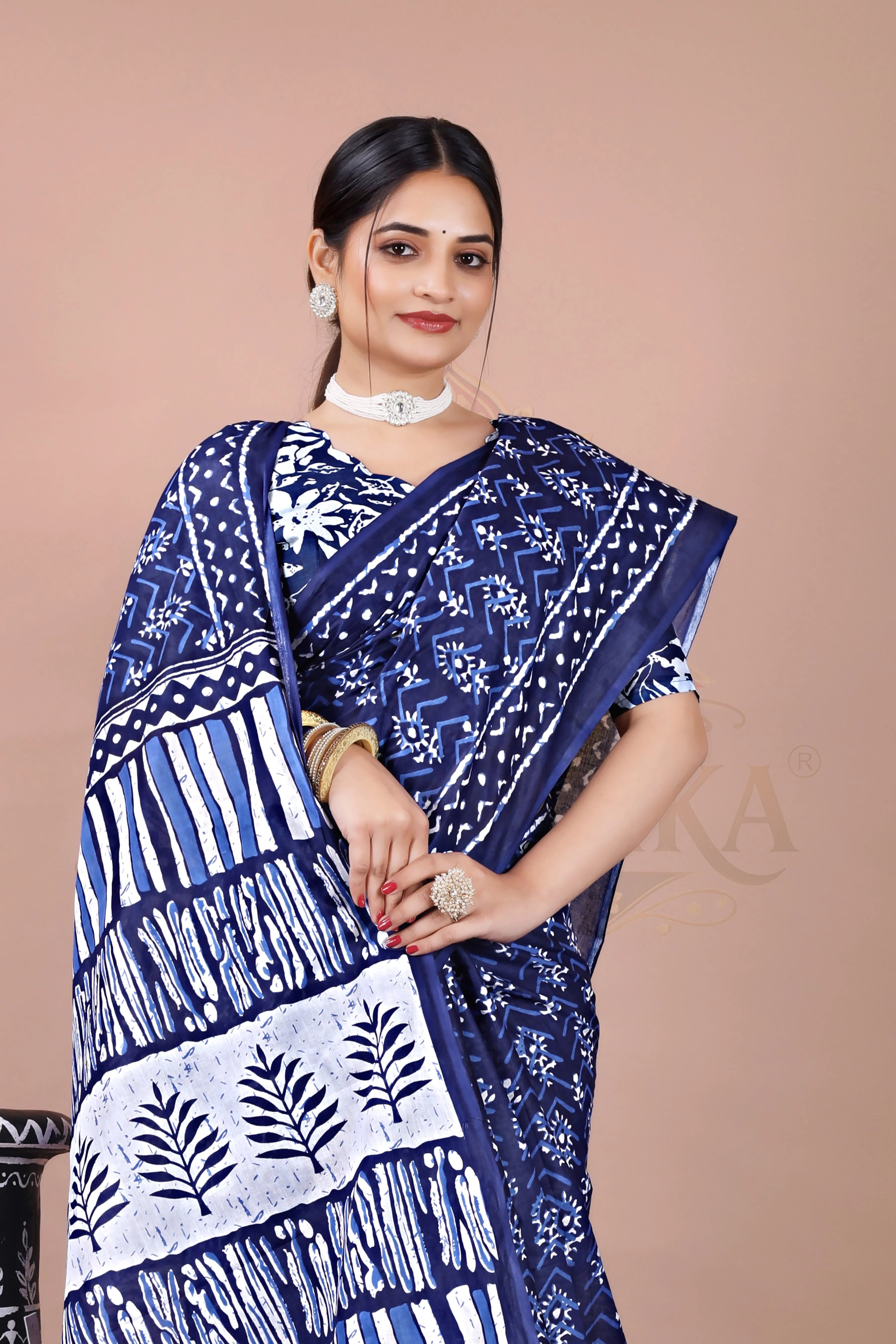 Blue Cotton Printed Saree Jay Radhika Textile