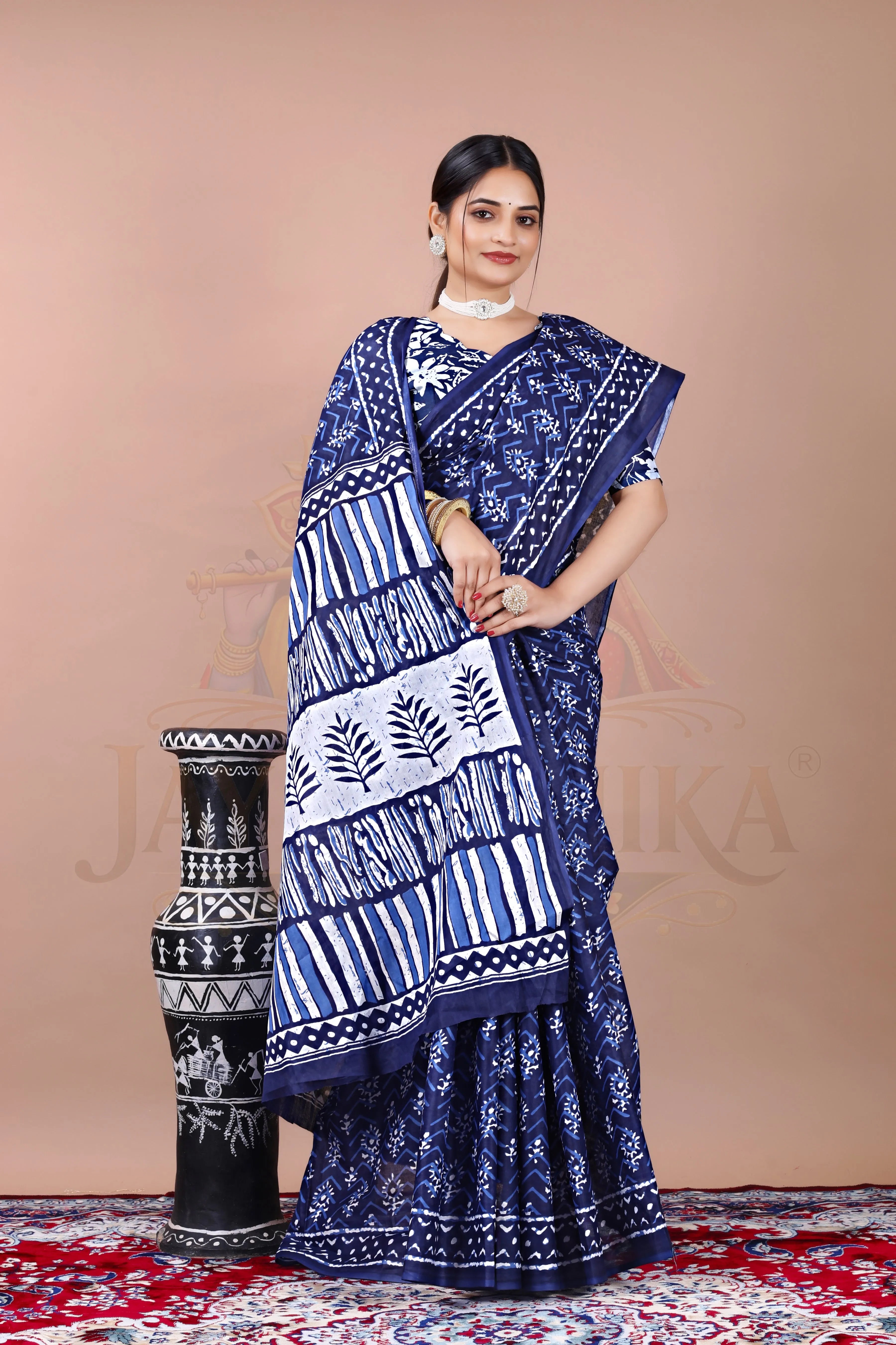 Blue Cotton Printed Saree Jay Radhika Textile