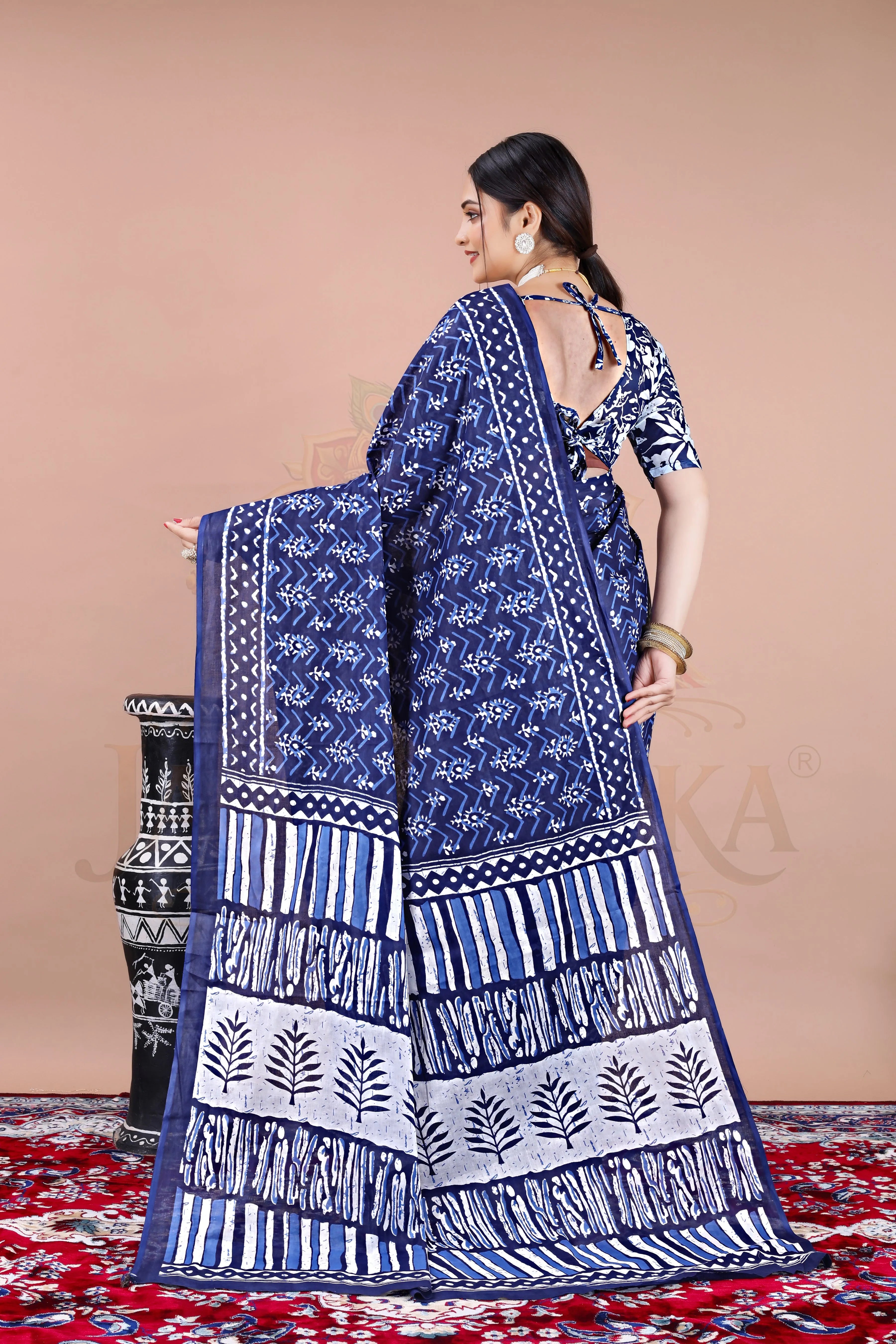 Blue Cotton Printed Saree Jay Radhika Textile