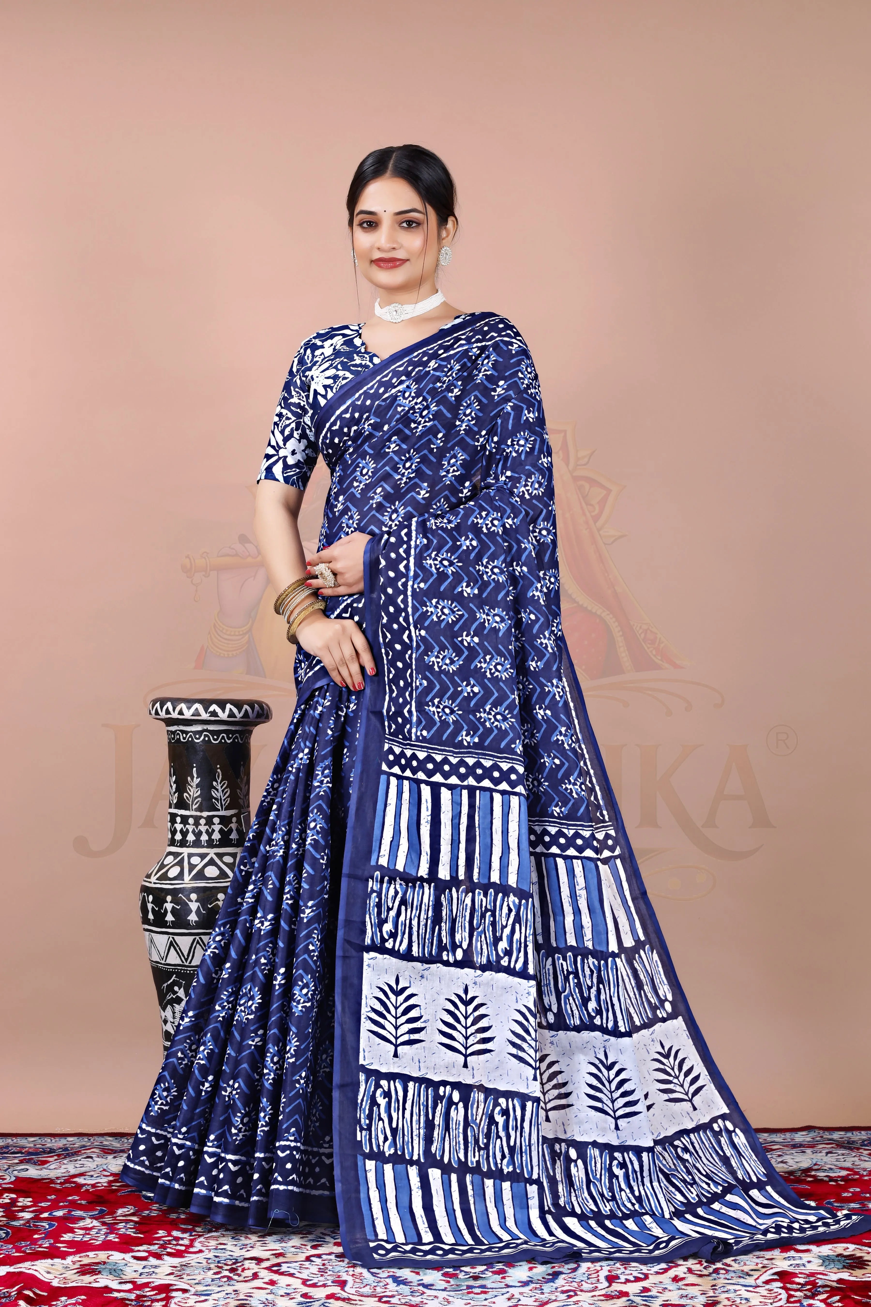 Blue Cotton Printed Saree Jay Radhika Textile