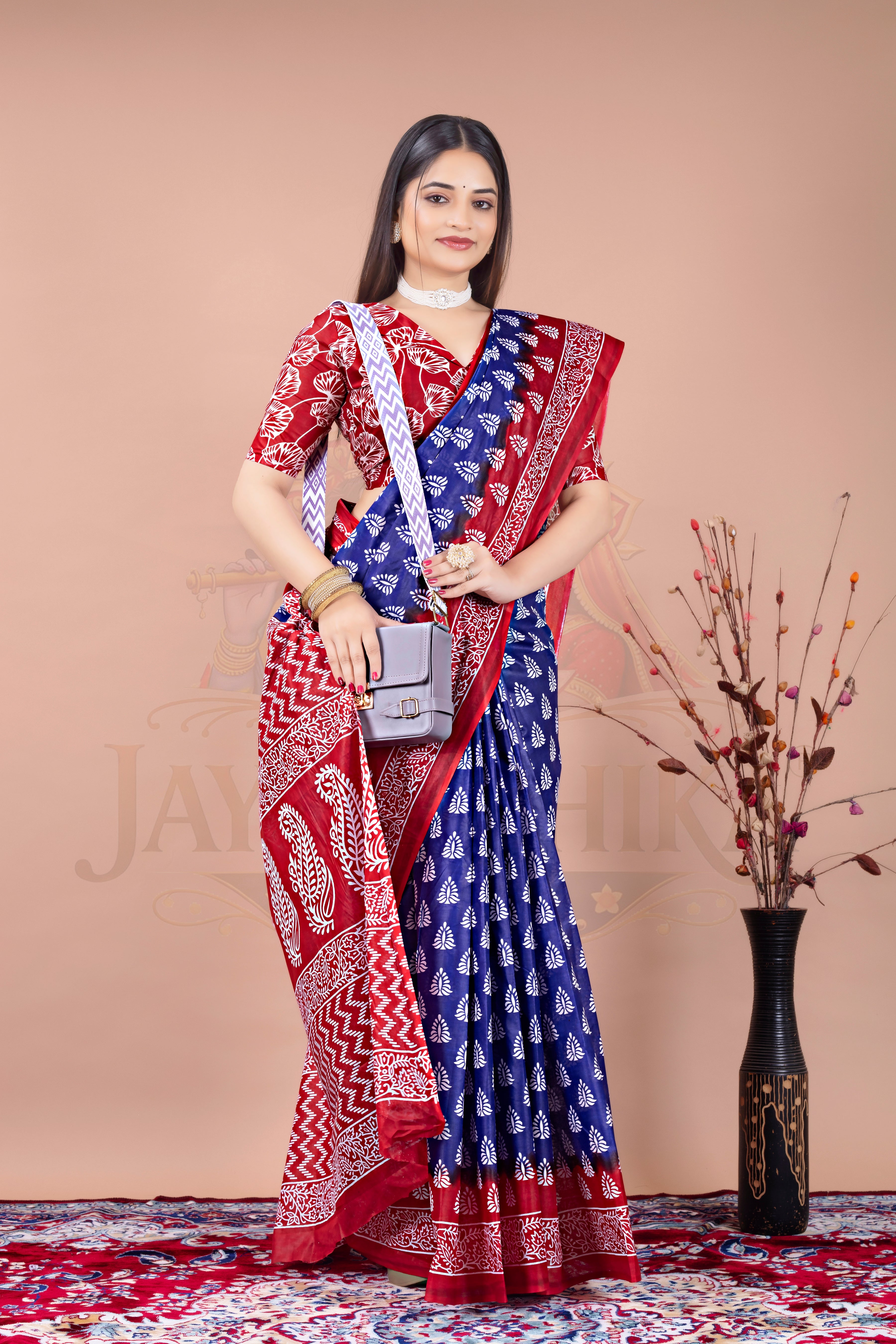 Blue Red Cotton Printed Saree Jay Radhika Textile