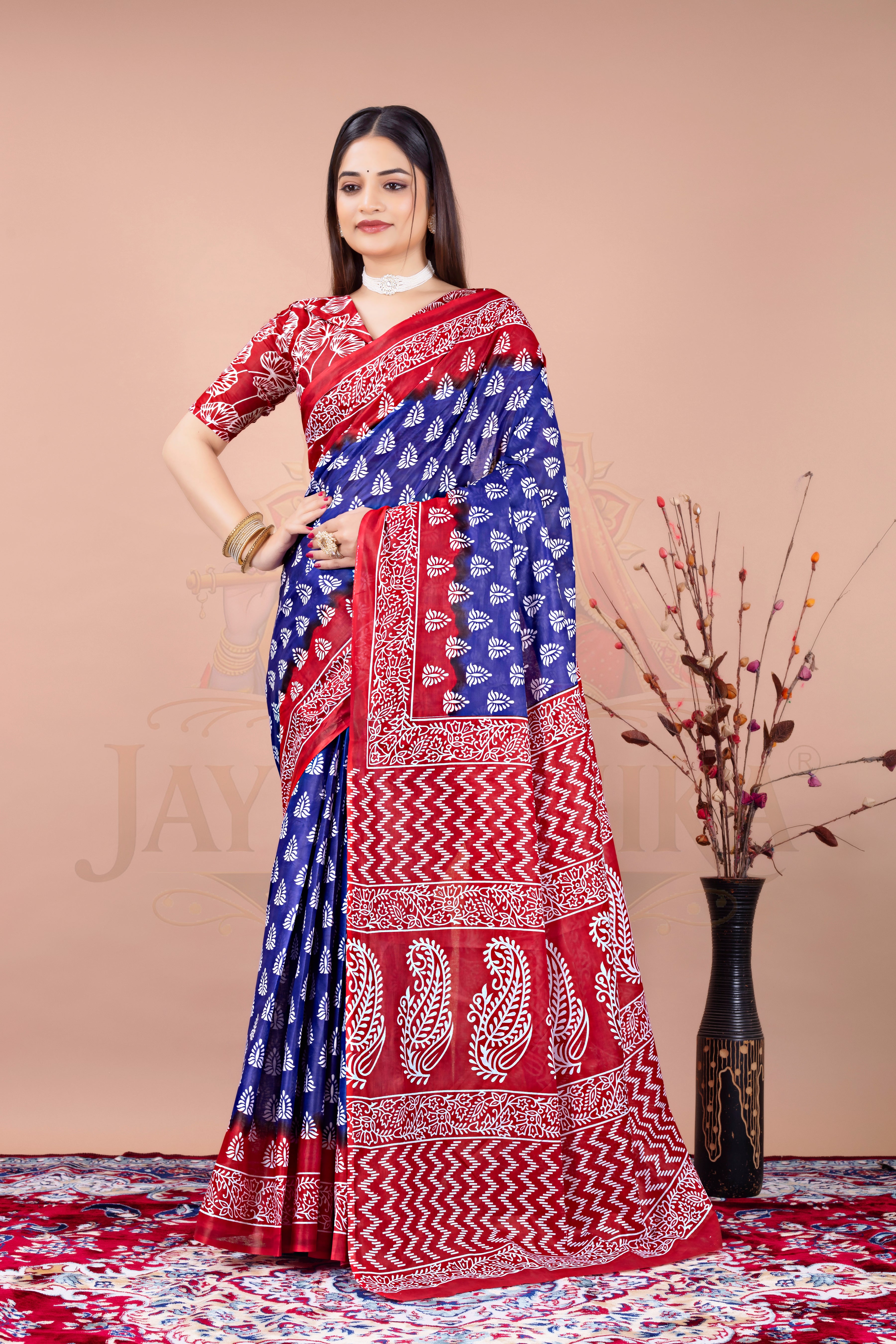 Blue Red Cotton Printed Saree Jay Radhika Textile