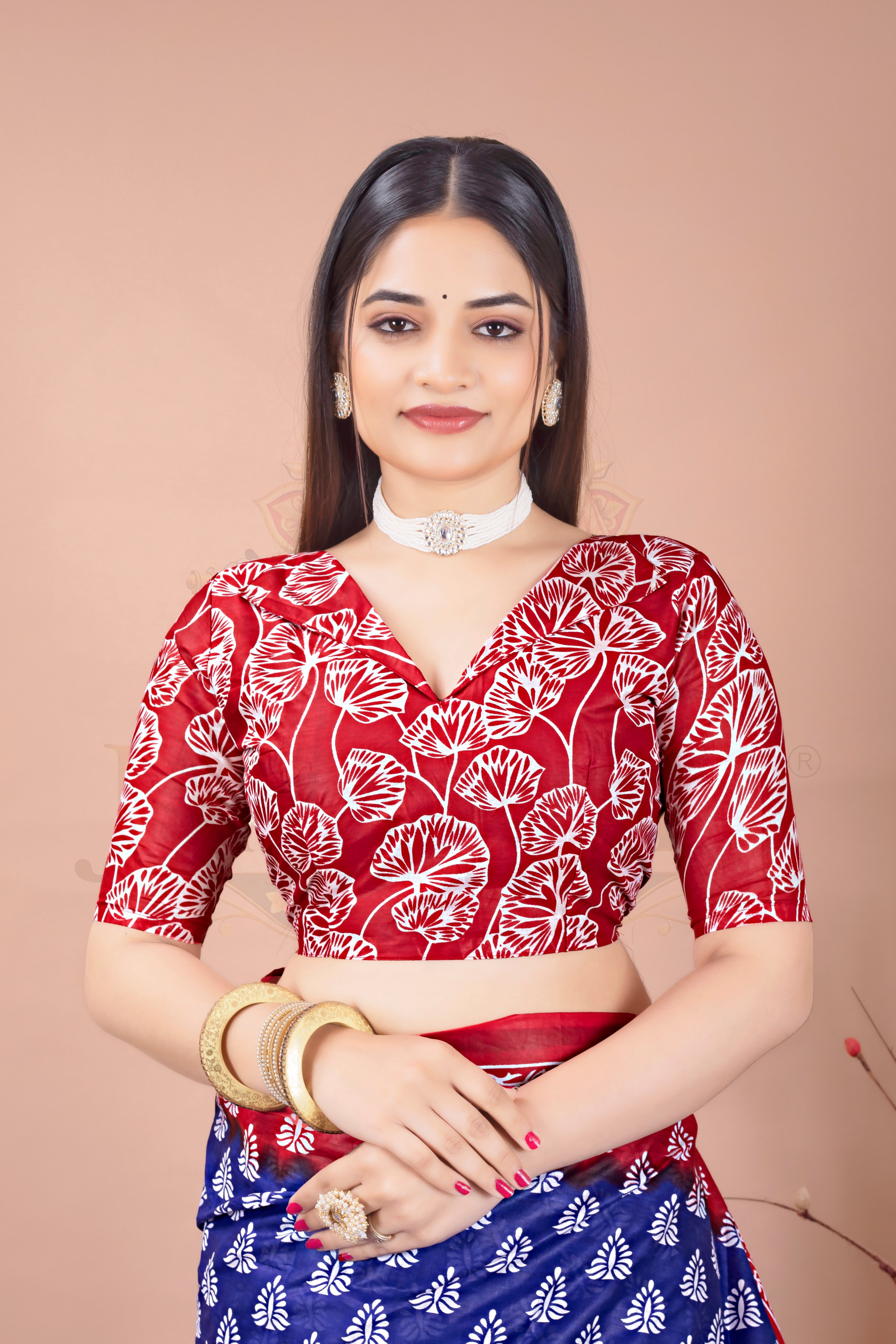 Blue Red Cotton Printed Saree Jay Radhika Textile