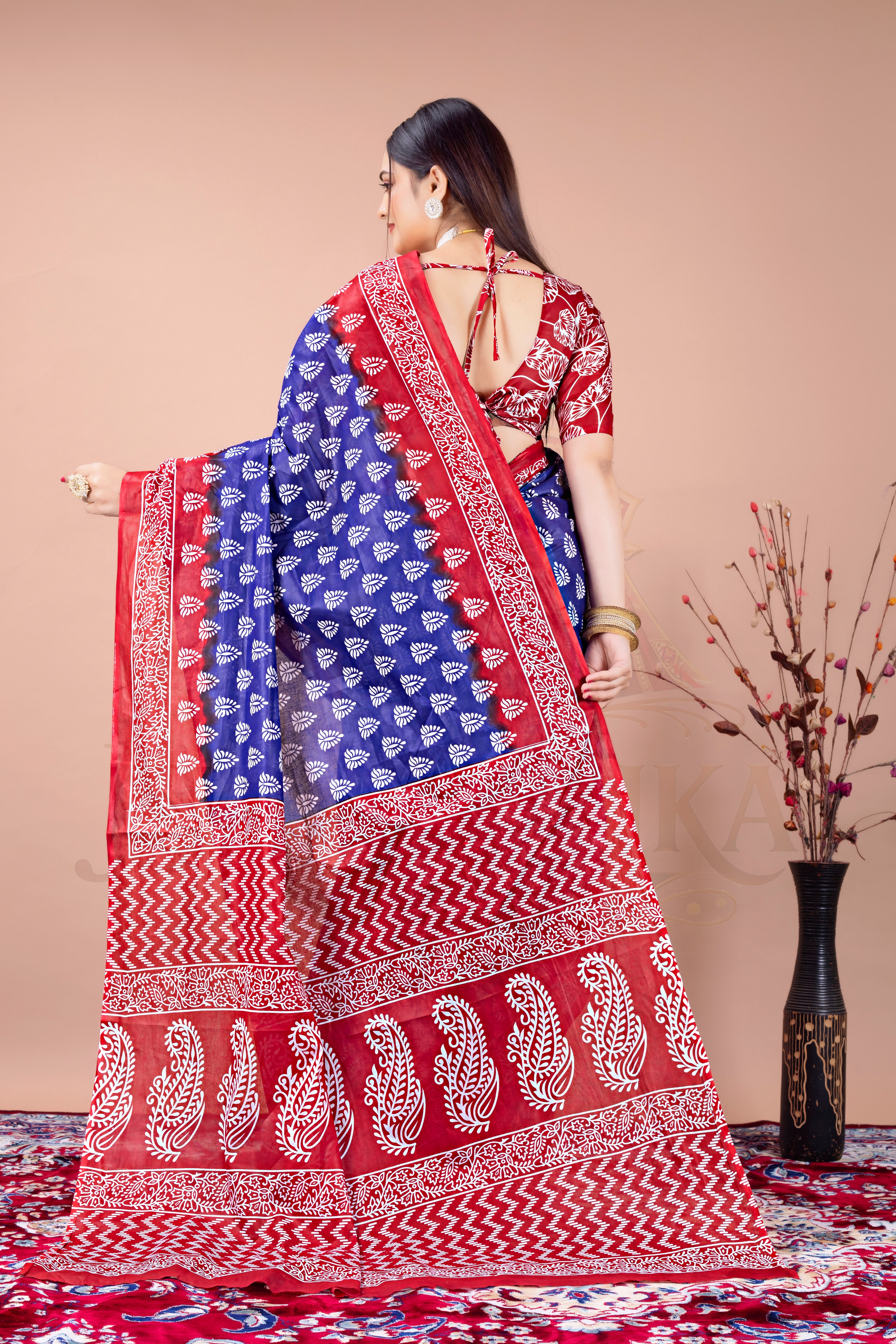Blue Red Cotton Printed Saree Jay Radhika Textile