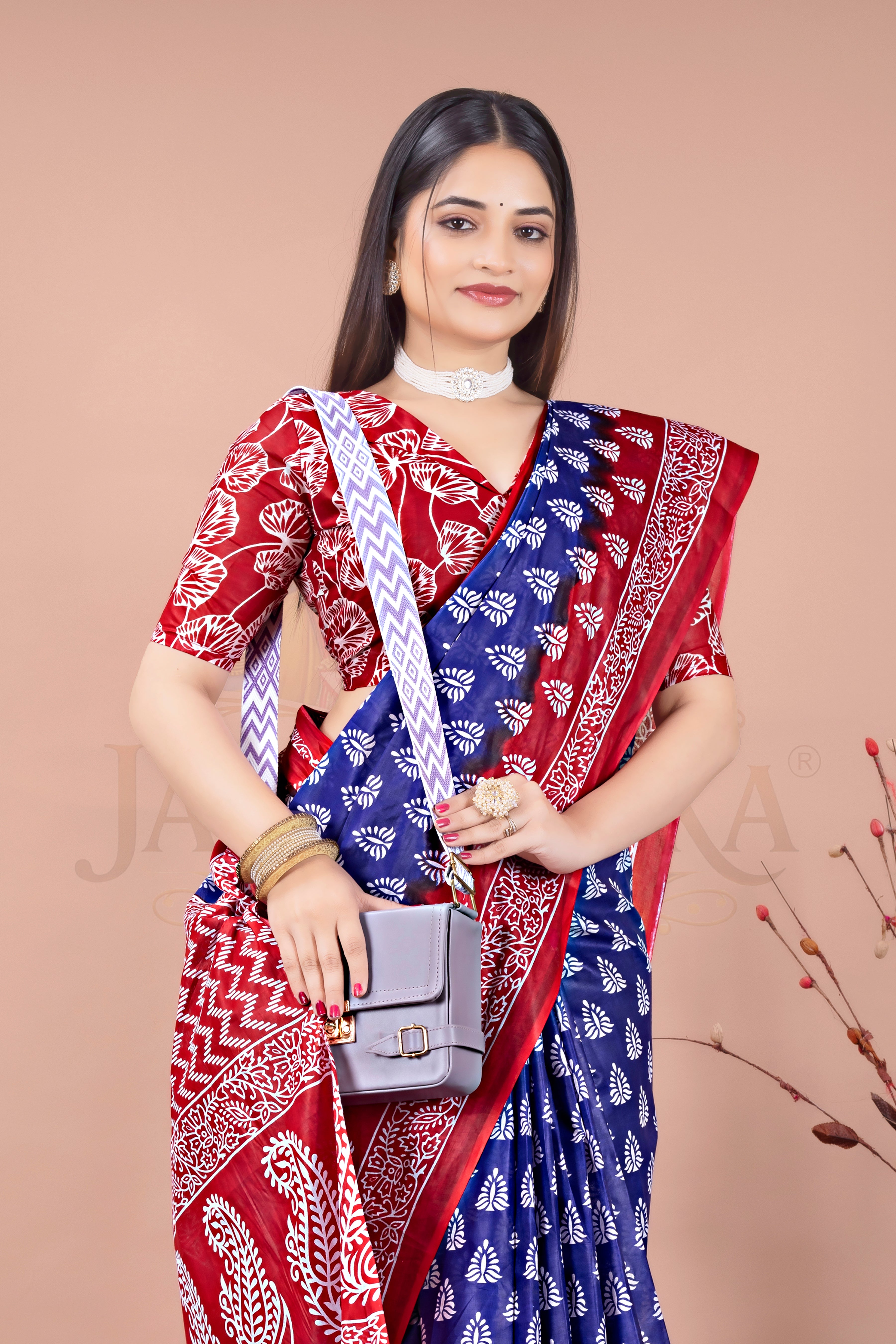 Blue Red Cotton Printed Saree Jay Radhika Textile