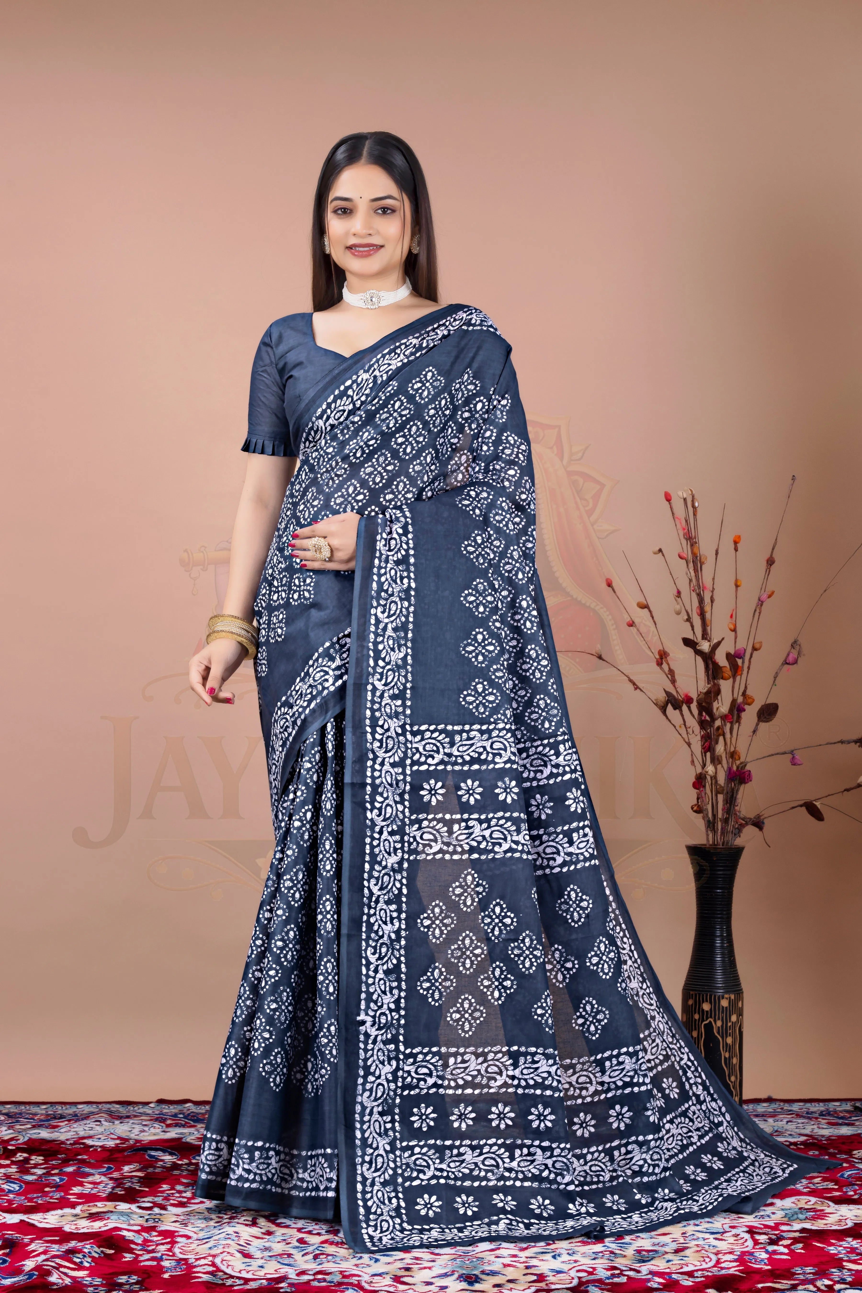 Charcoal Grey Printed Cotton Saree Jay Radhika Textile