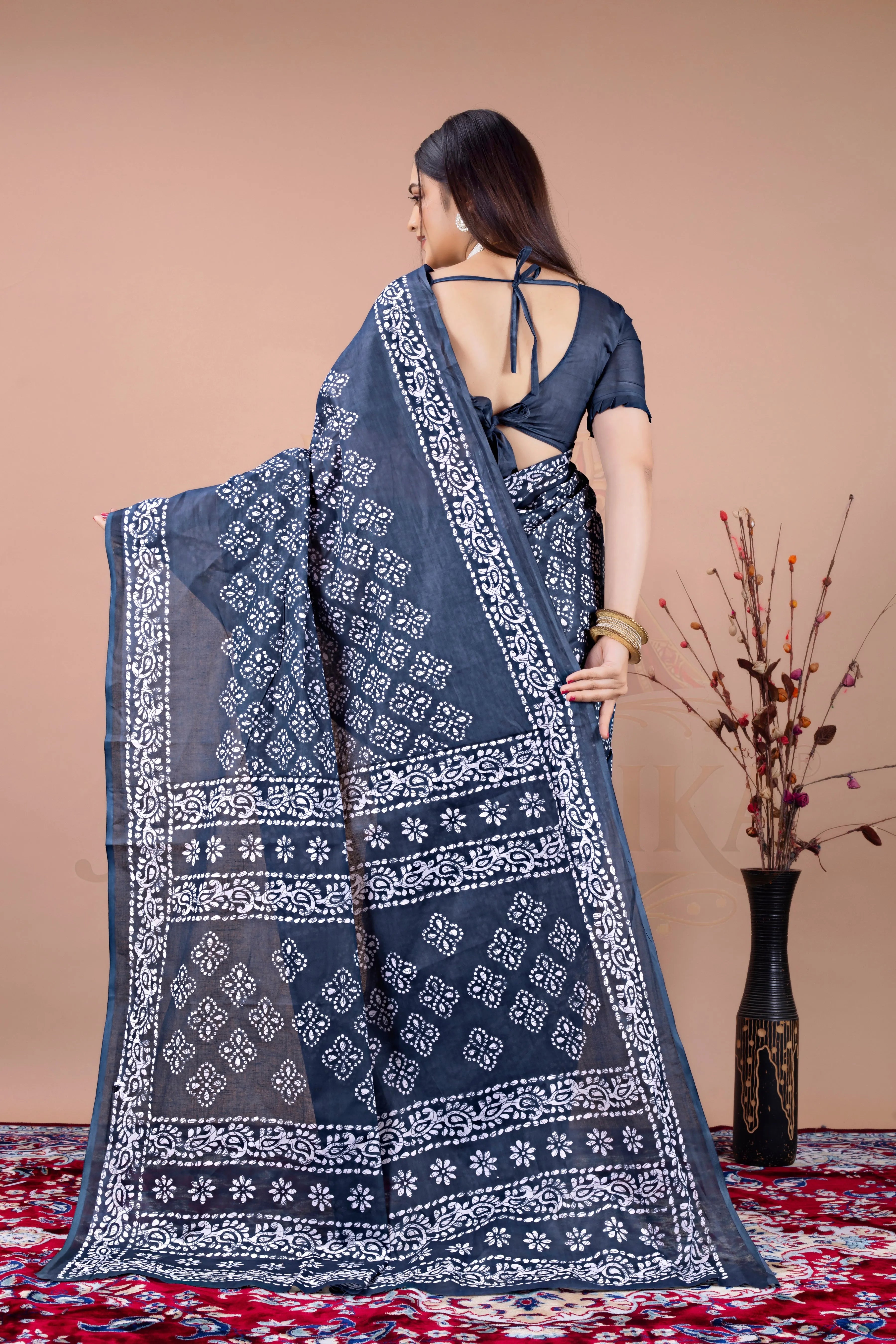 Charcoal Grey Printed Cotton Saree Jay Radhika Textile