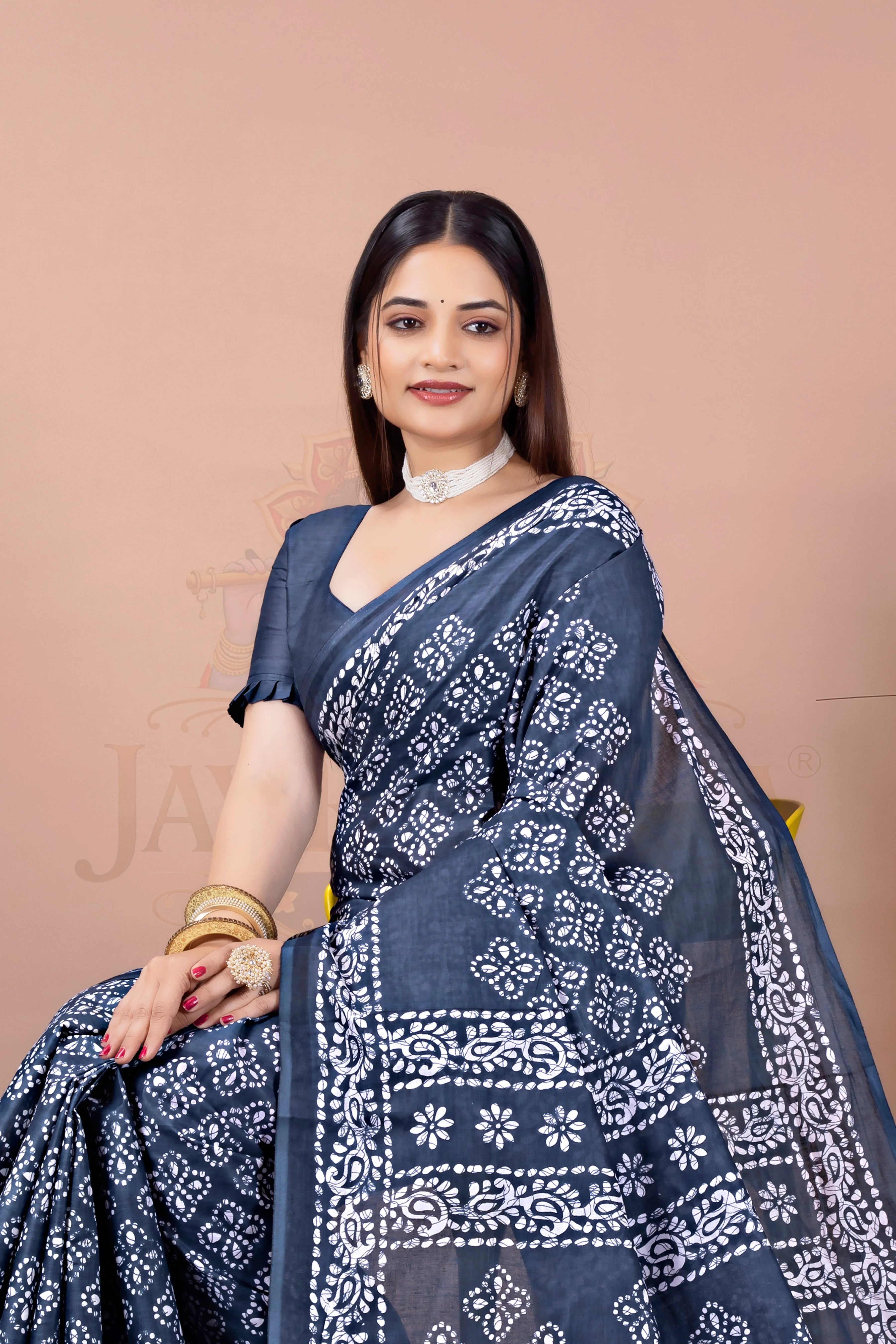 Charcoal Grey Printed Cotton Saree Jay Radhika Textile