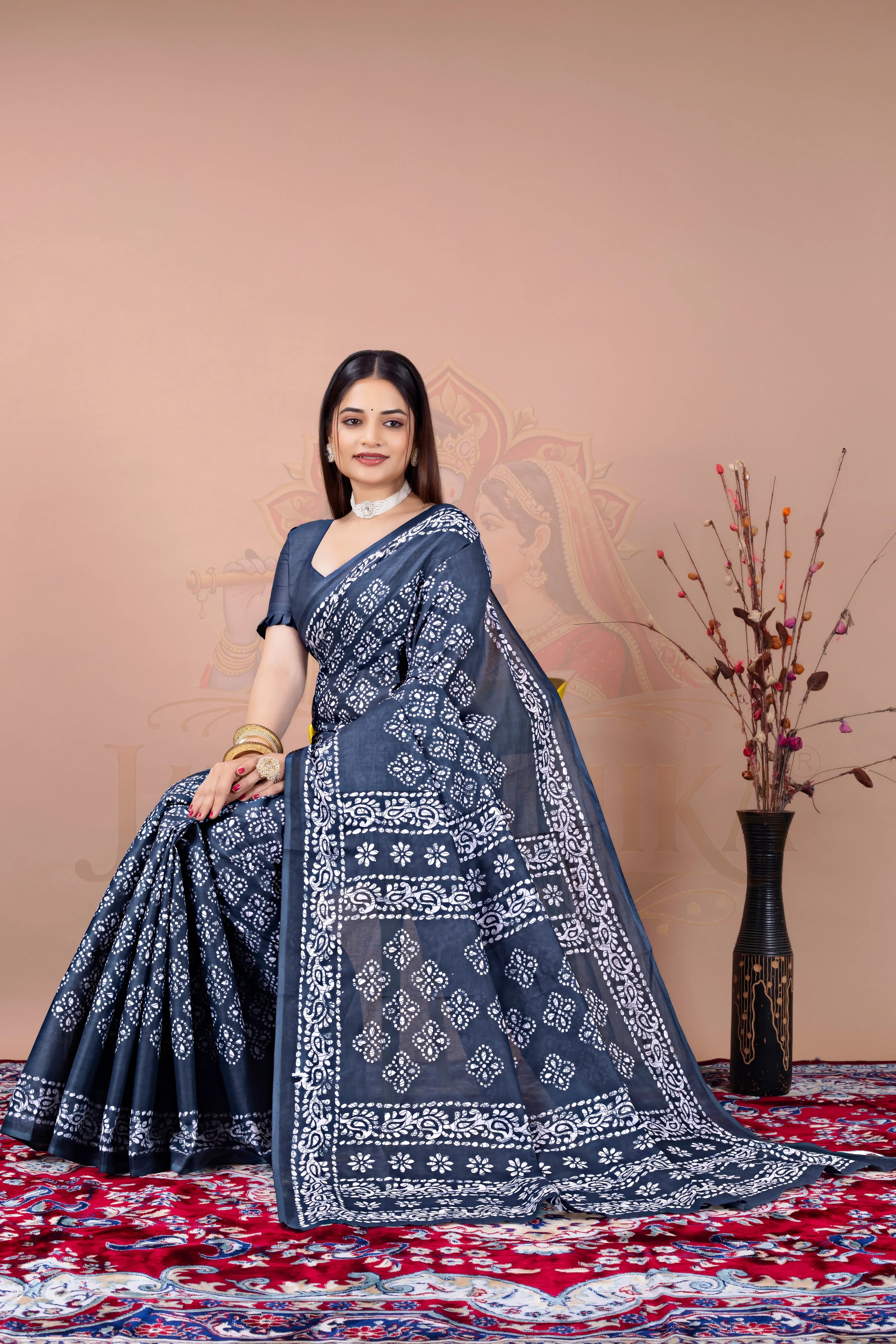 Charcoal Grey Printed Cotton Saree Jay Radhika Textile