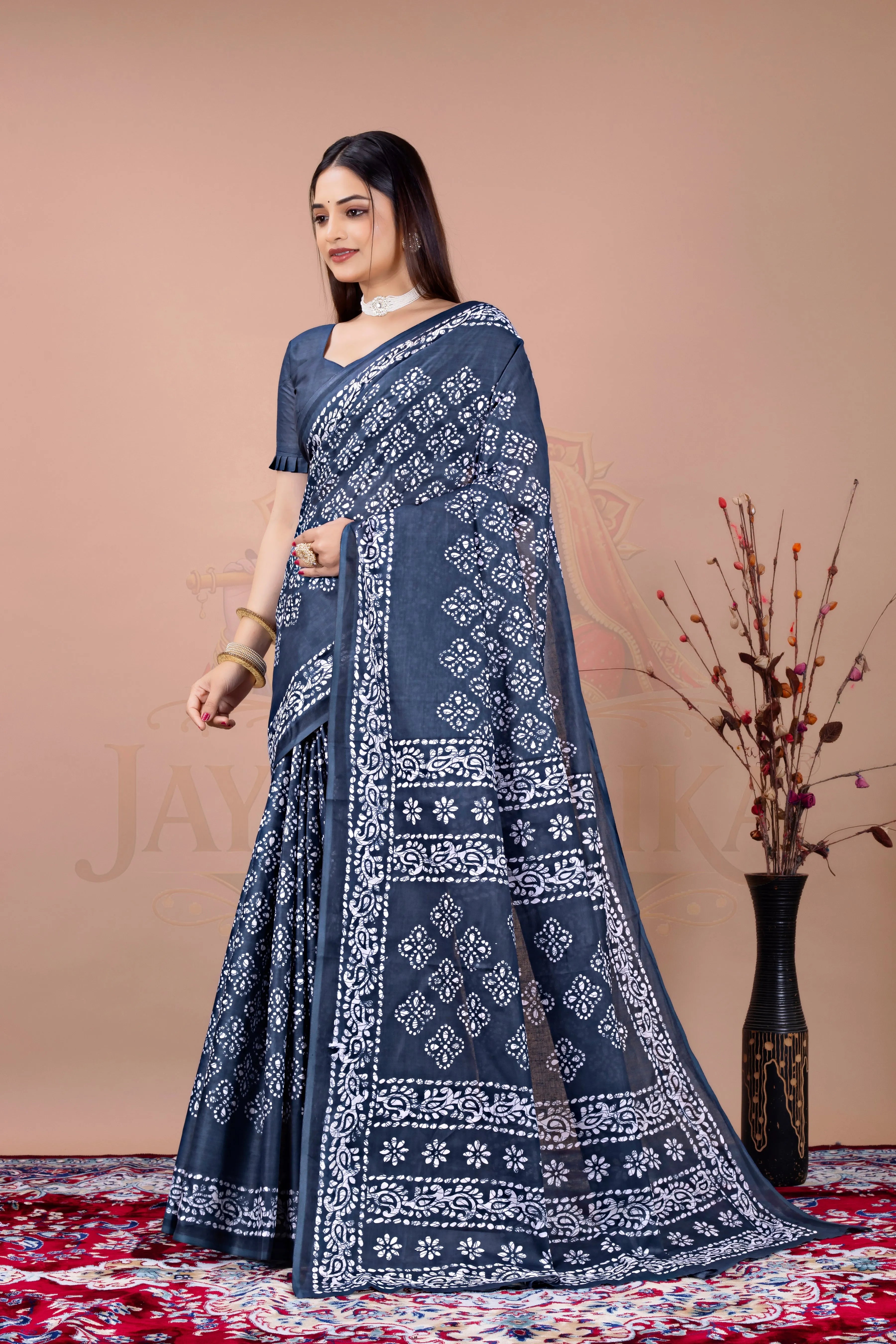 Charcoal Grey Printed Cotton Saree Jay Radhika Textile