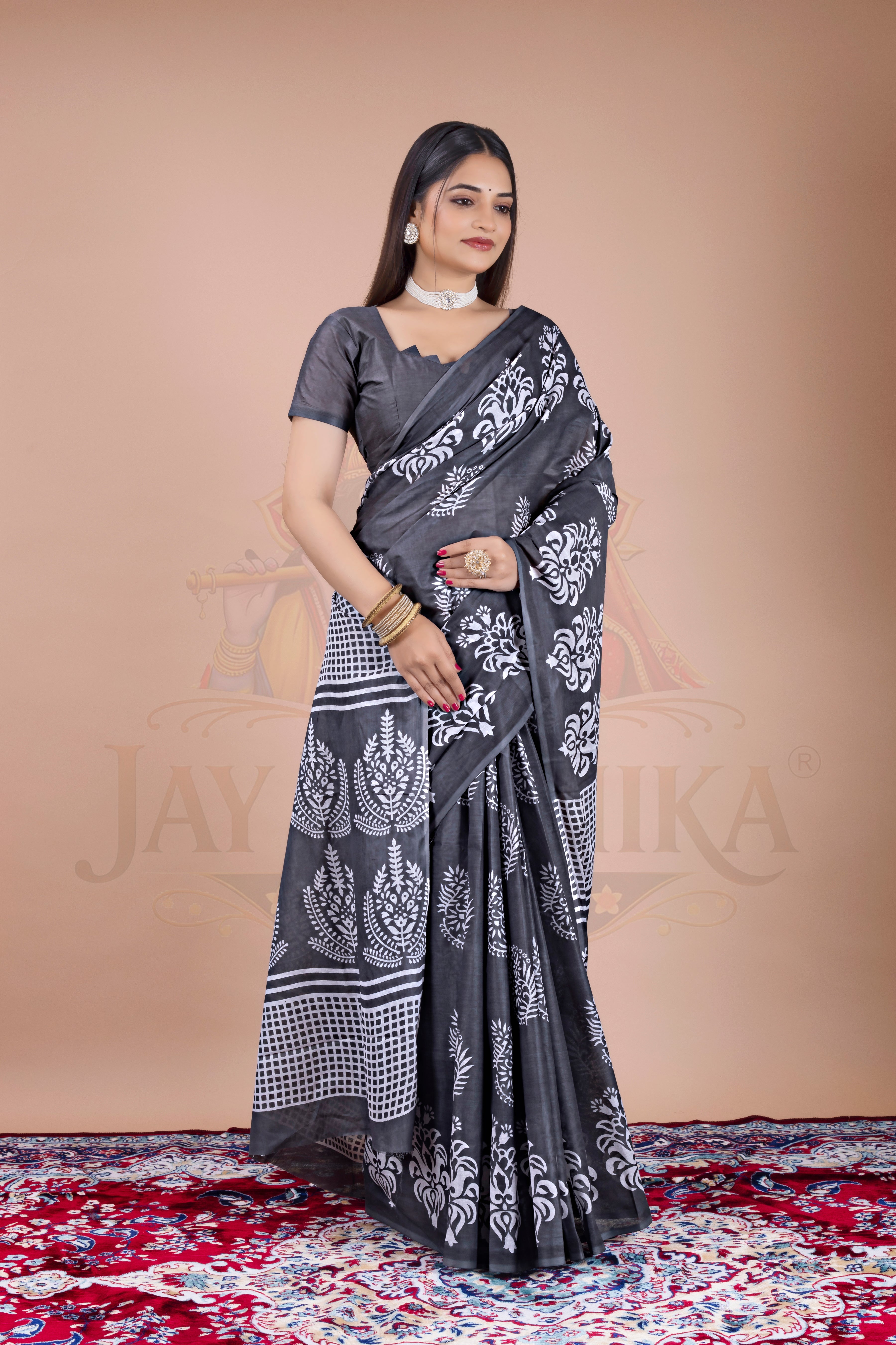 Grey Floral Cotton Printed Saree Jay Radhika Textile