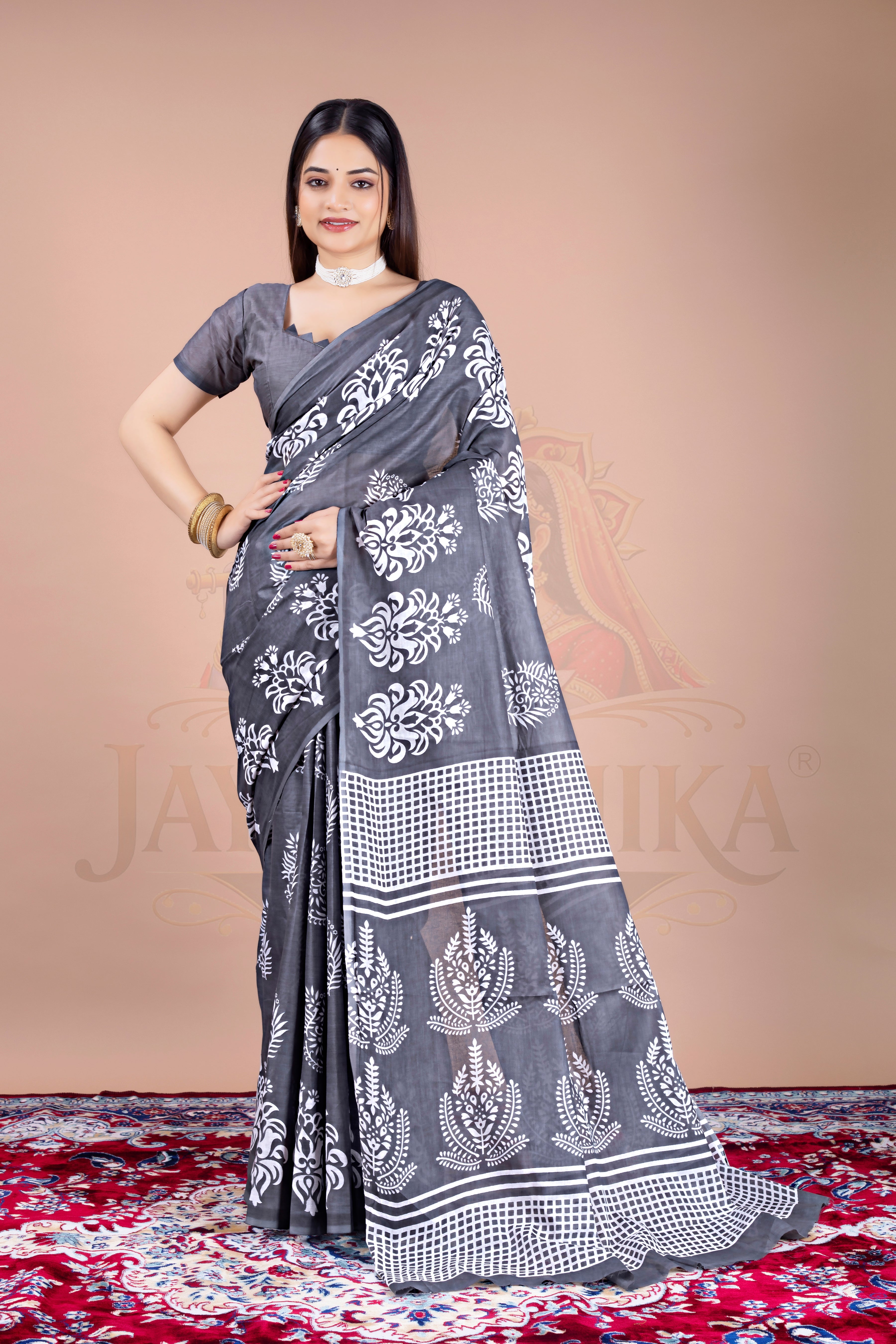 Grey Floral Cotton Printed Saree Jay Radhika Textile