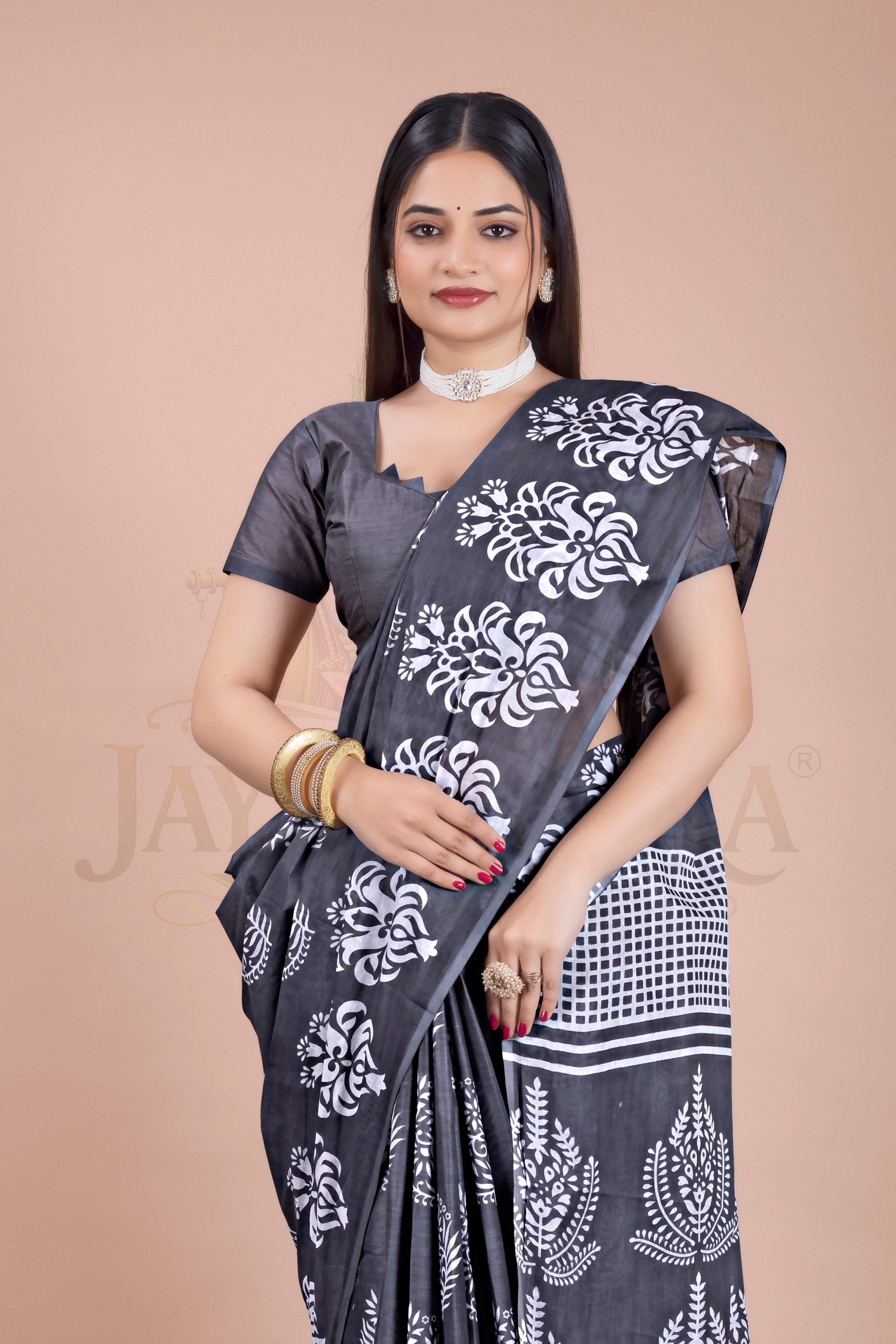 Grey Floral Cotton Printed Saree Jay Radhika Textile