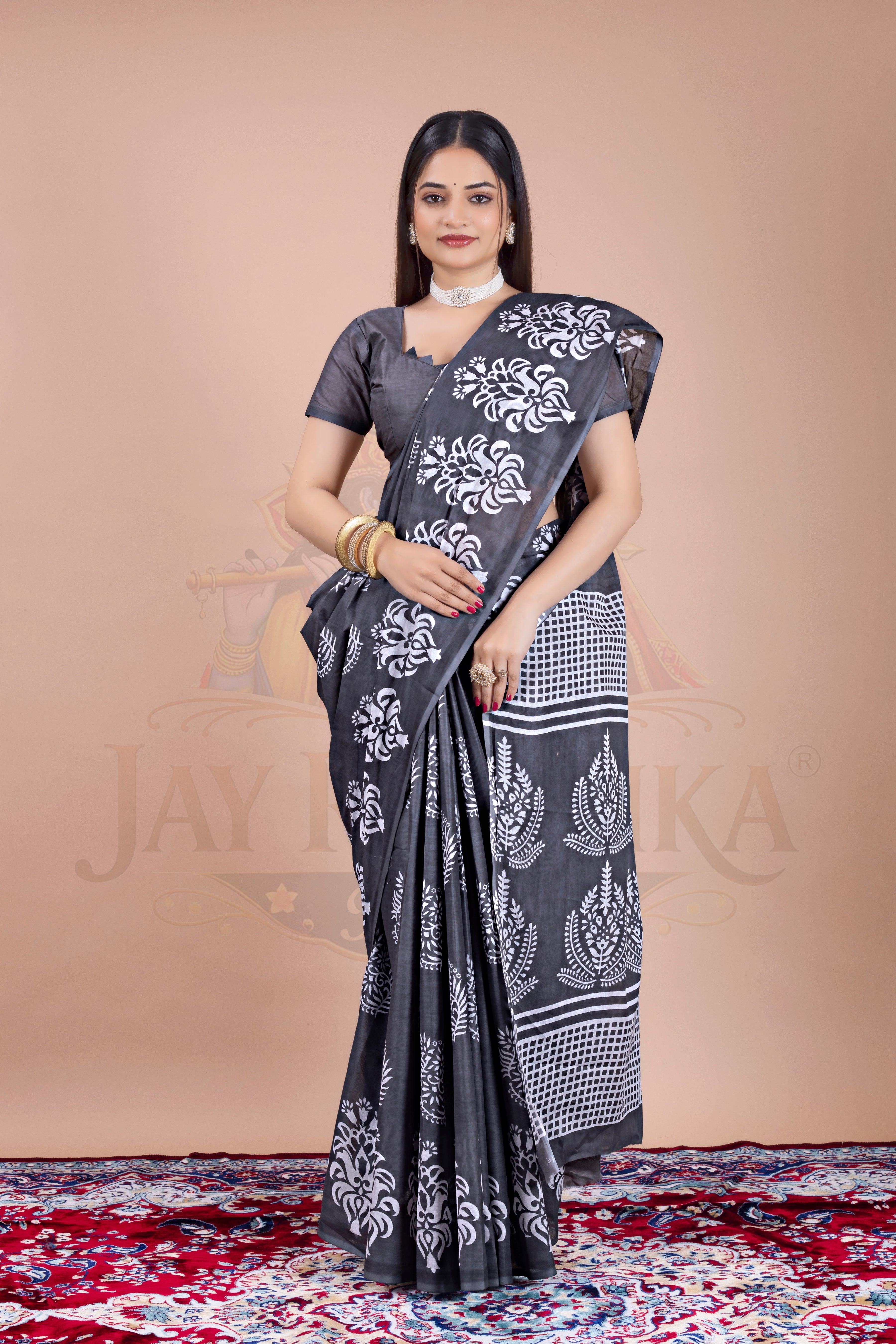Grey Floral Cotton Printed Saree Jay Radhika Textile