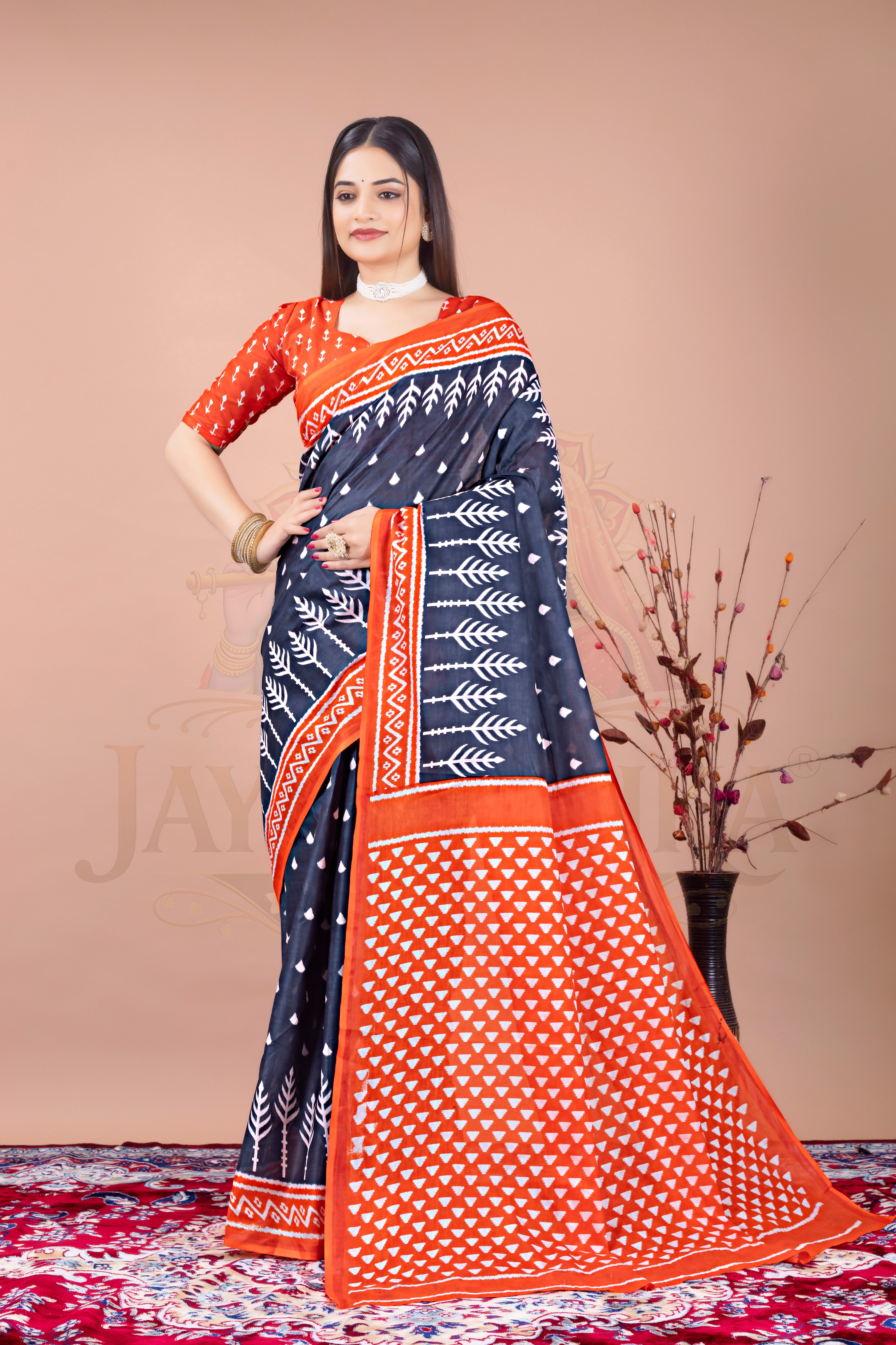 Grey Orange Tribal Cotton Printed Saree Jay Radhika Textile