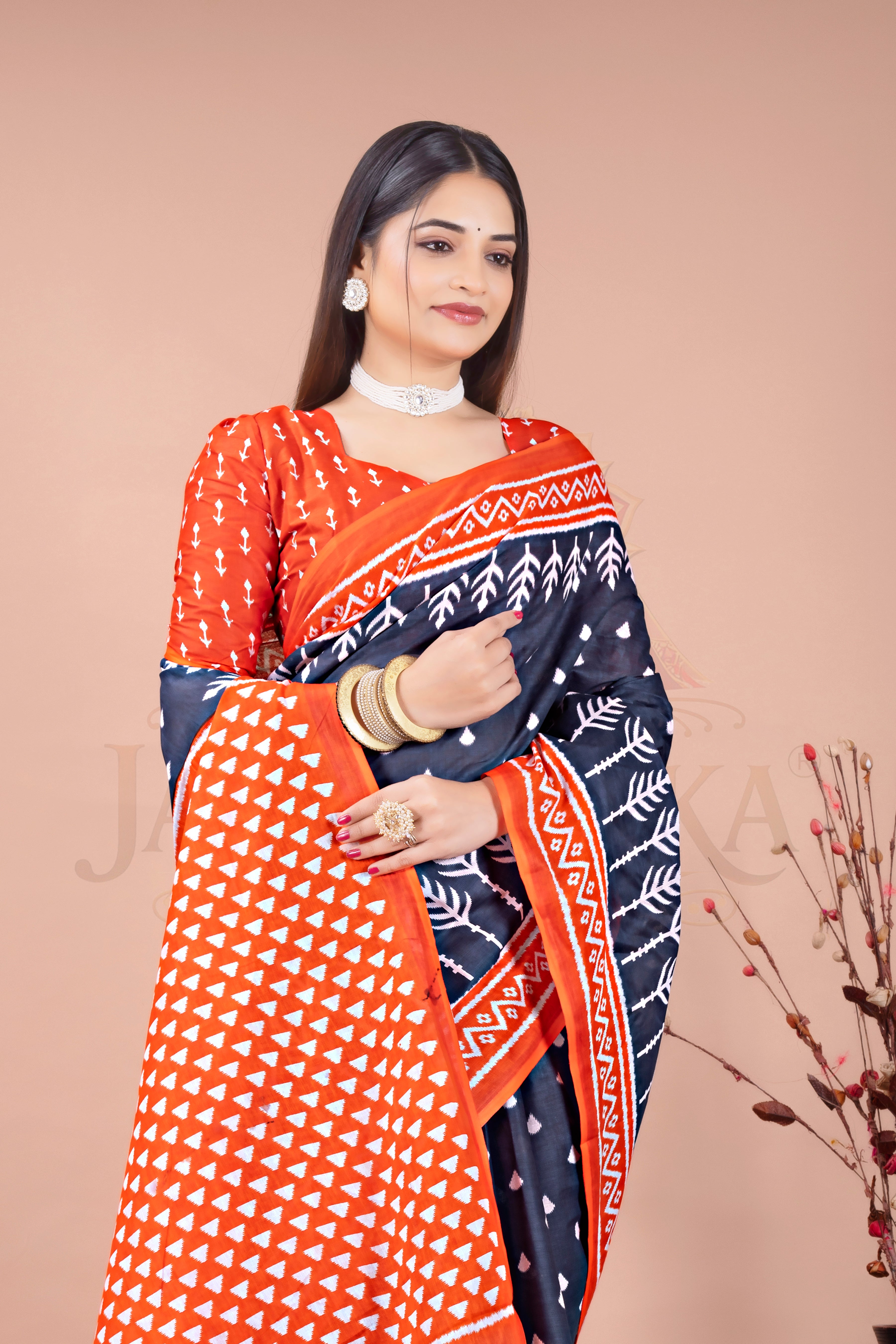 Grey Orange Tribal Cotton Printed Saree Jay Radhika Textile