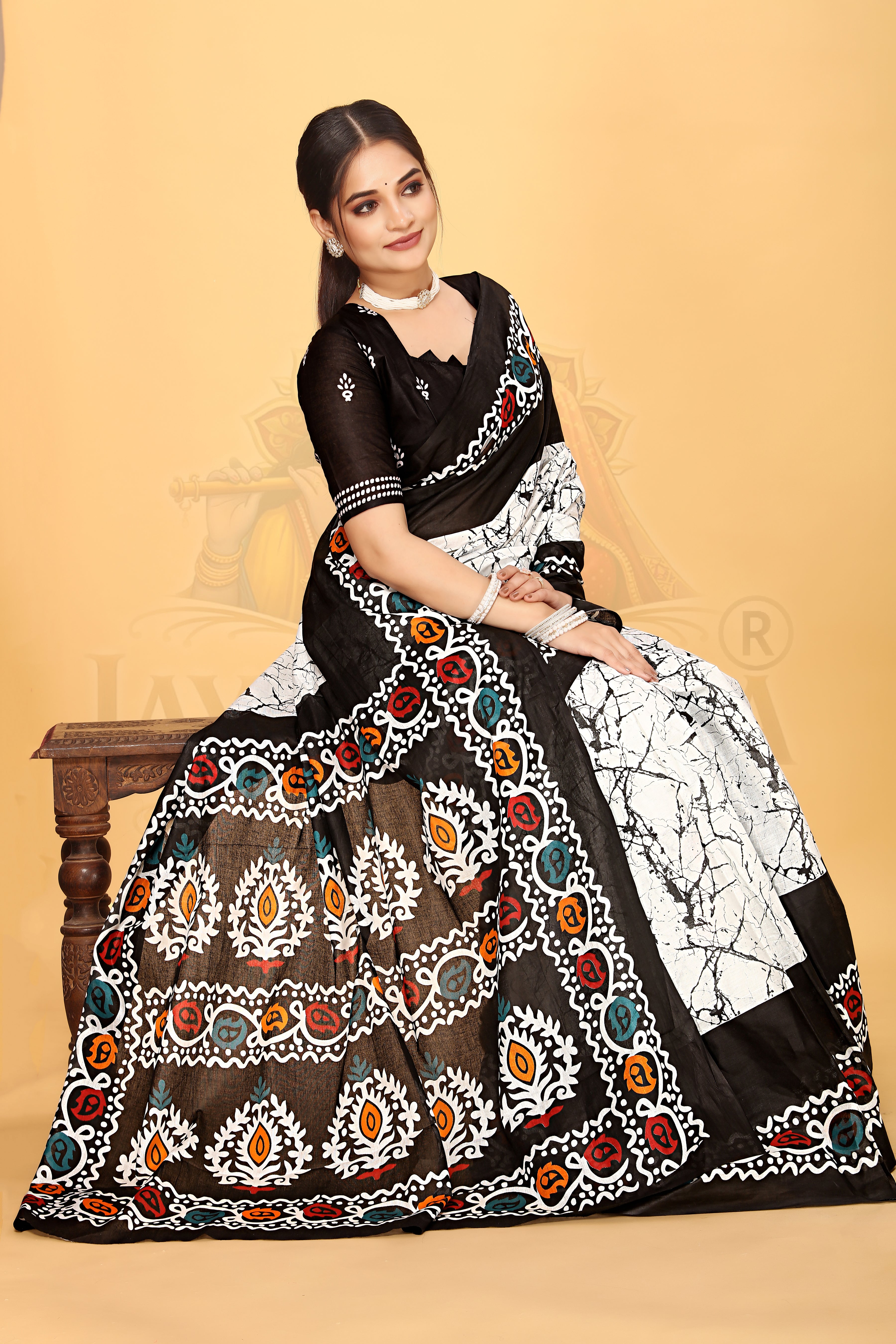 White Black Batik Printed Cotton Saree