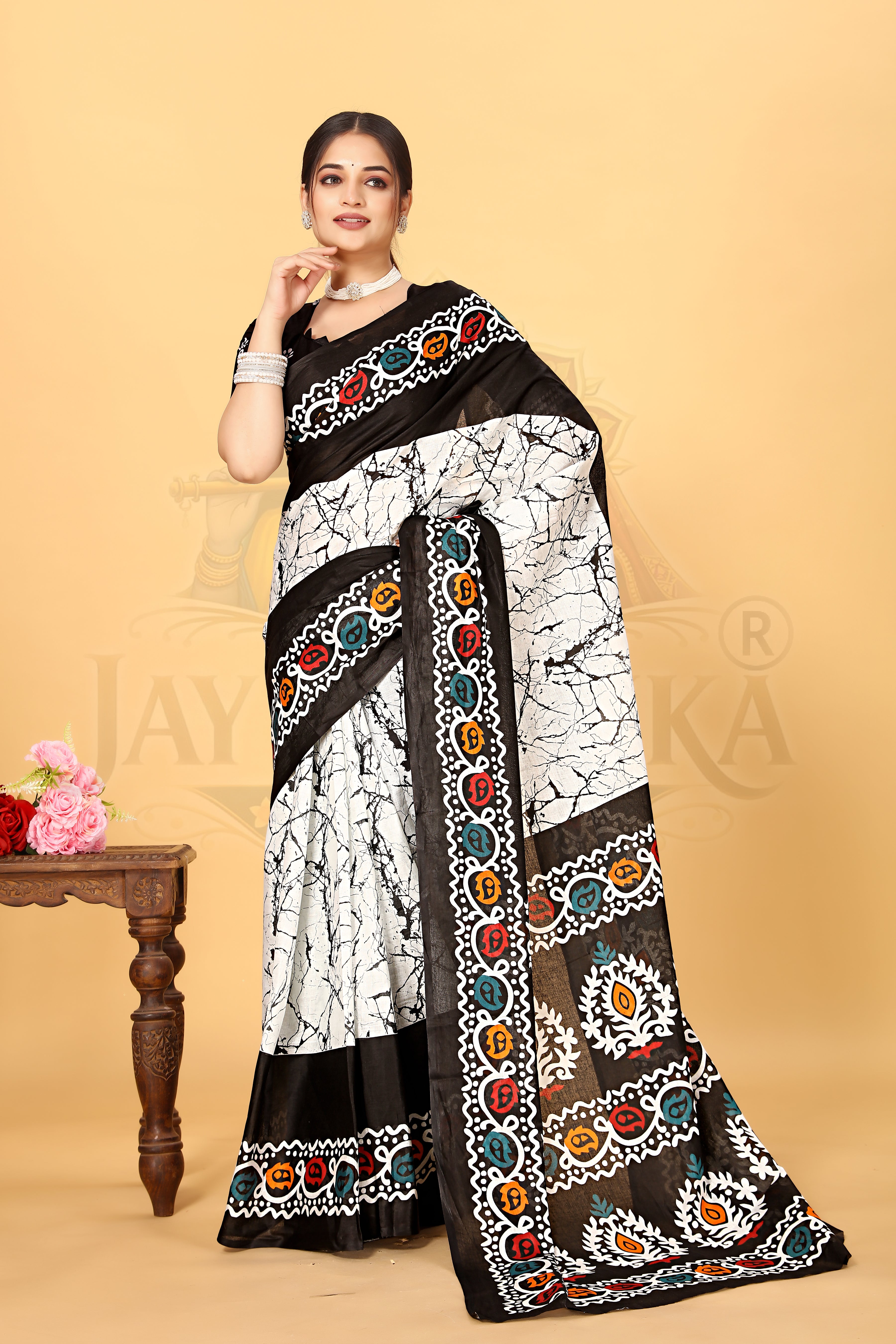 White Black Batik Printed Cotton Saree